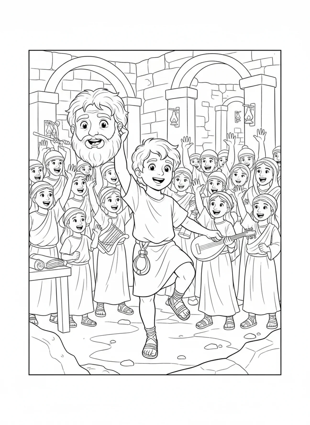 Davi celebrando, Davi e Golias caindo página para colorir para crianças da Escola Dominical de 5 a 12 anos