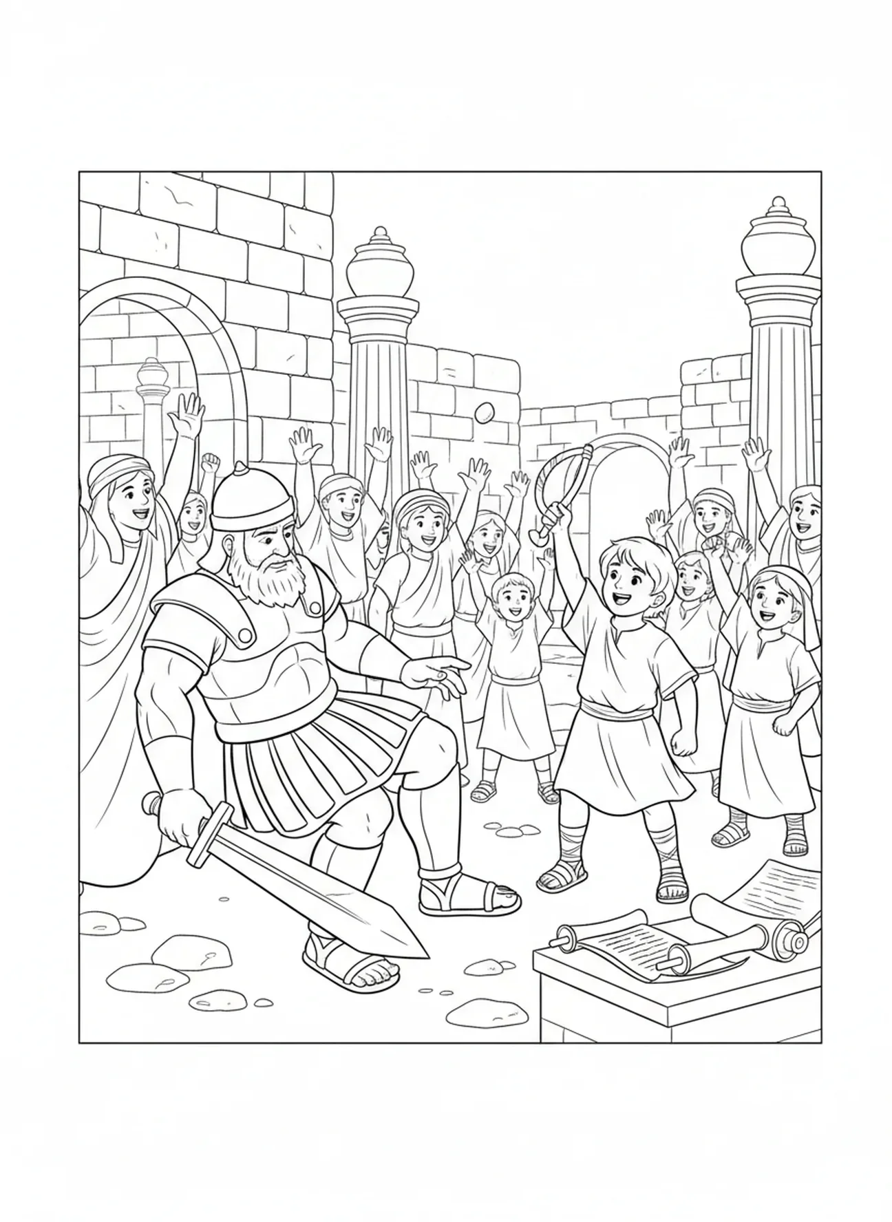 Golias caindo, página para colorir de Davi e Golias para crianças da Escola Dominical de 5 a 12 anos