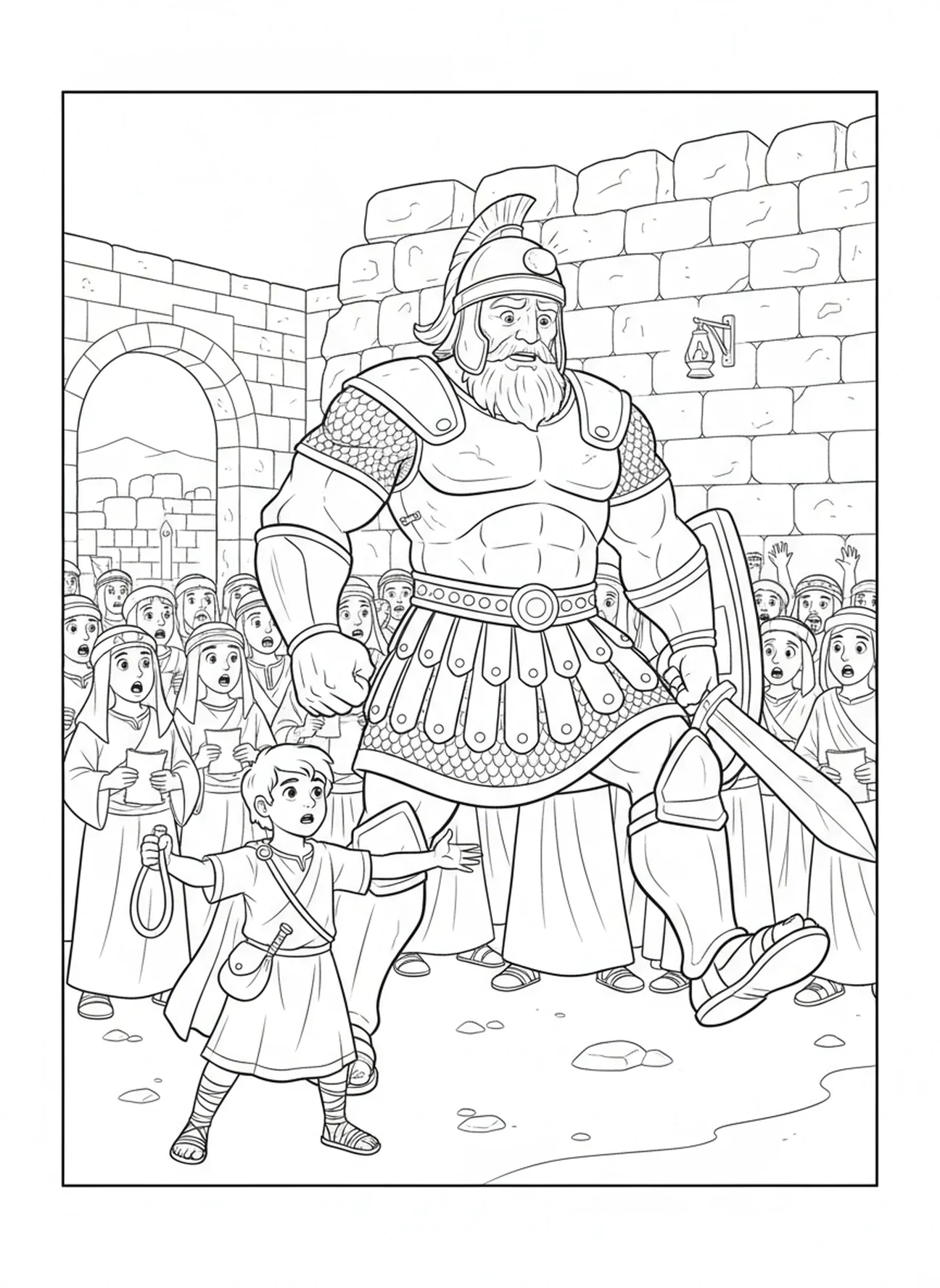 Pedra atingindo Golias, página para colorir de Davi e Golias, Golias caindo, para crianças da Escola Dominical de 5 a 12 anos