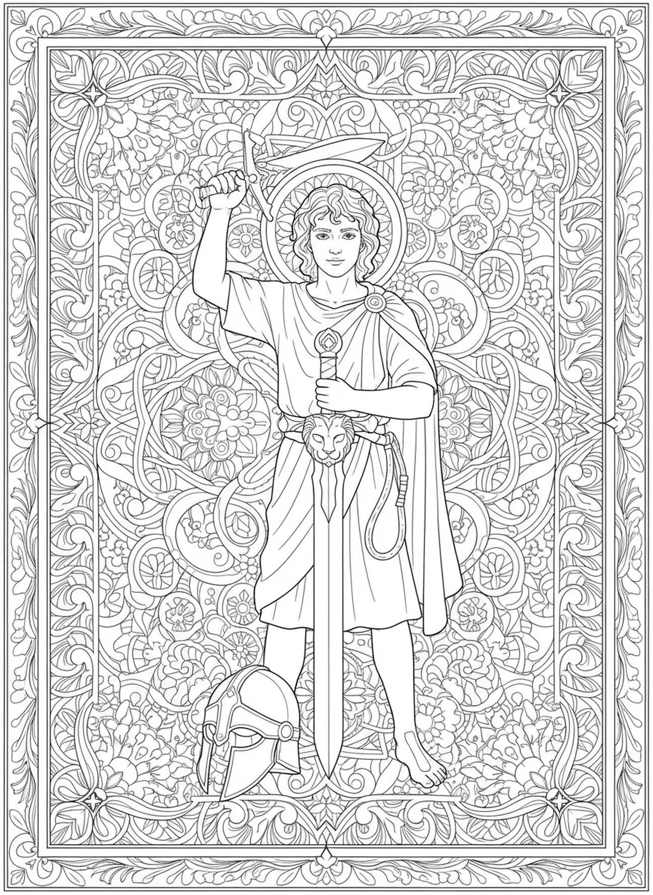 David tenant l'épée de Goliath, page à colorier David Goliath pour adultes dans un style de journal biblique.