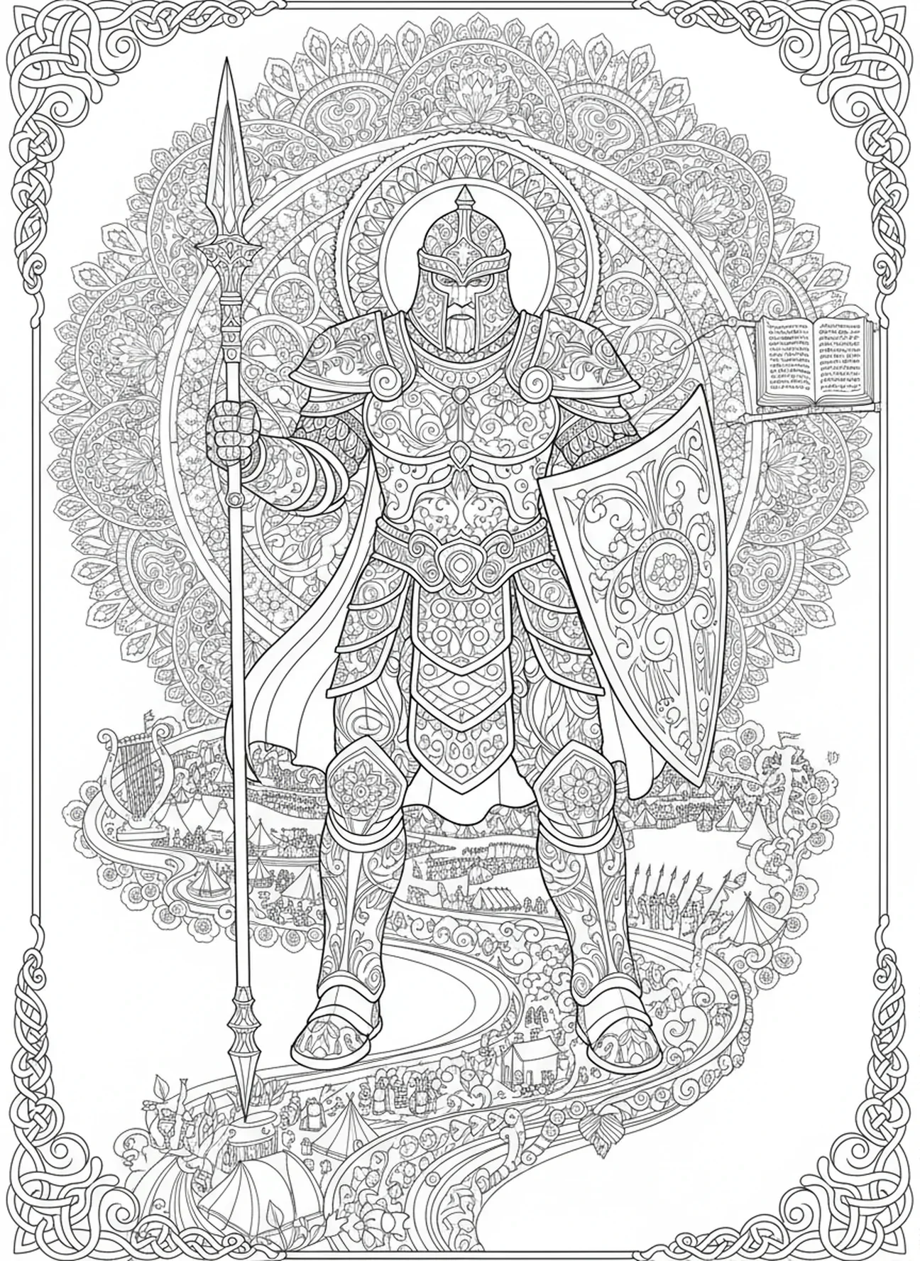 Goliath en armure, page à colorier David et Goliath pour adultes dans un style de journal biblique.