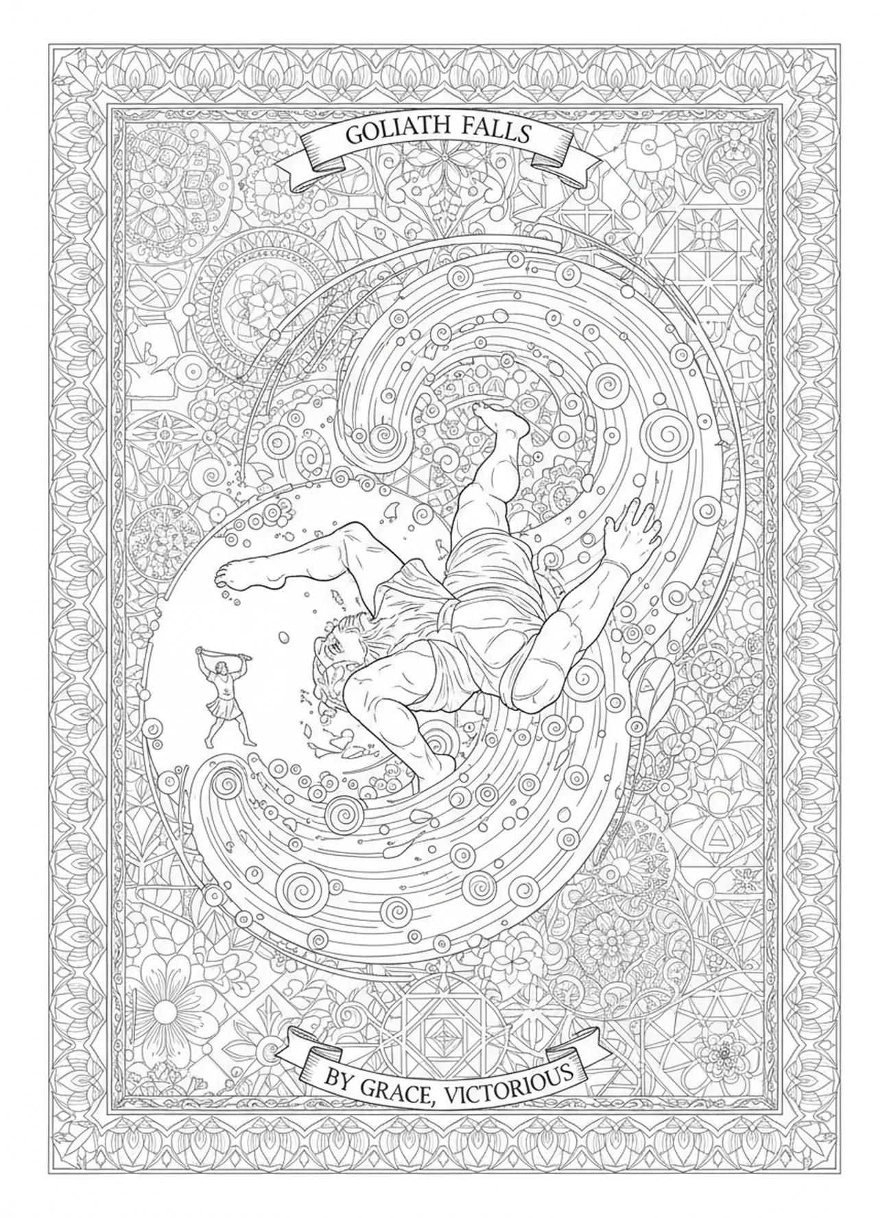 Goliath tombant, page à colorier David et Goliath pour adultes dans un style de journal biblique.