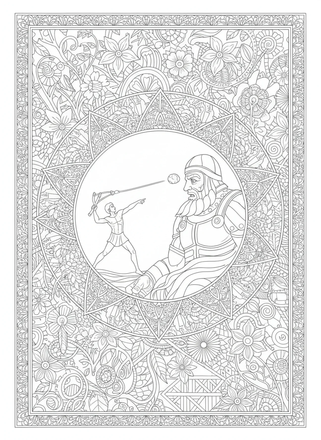 Pierre frappant Goliath, page à colorier David et Goliath pour adultes dans un style de journal biblique.
