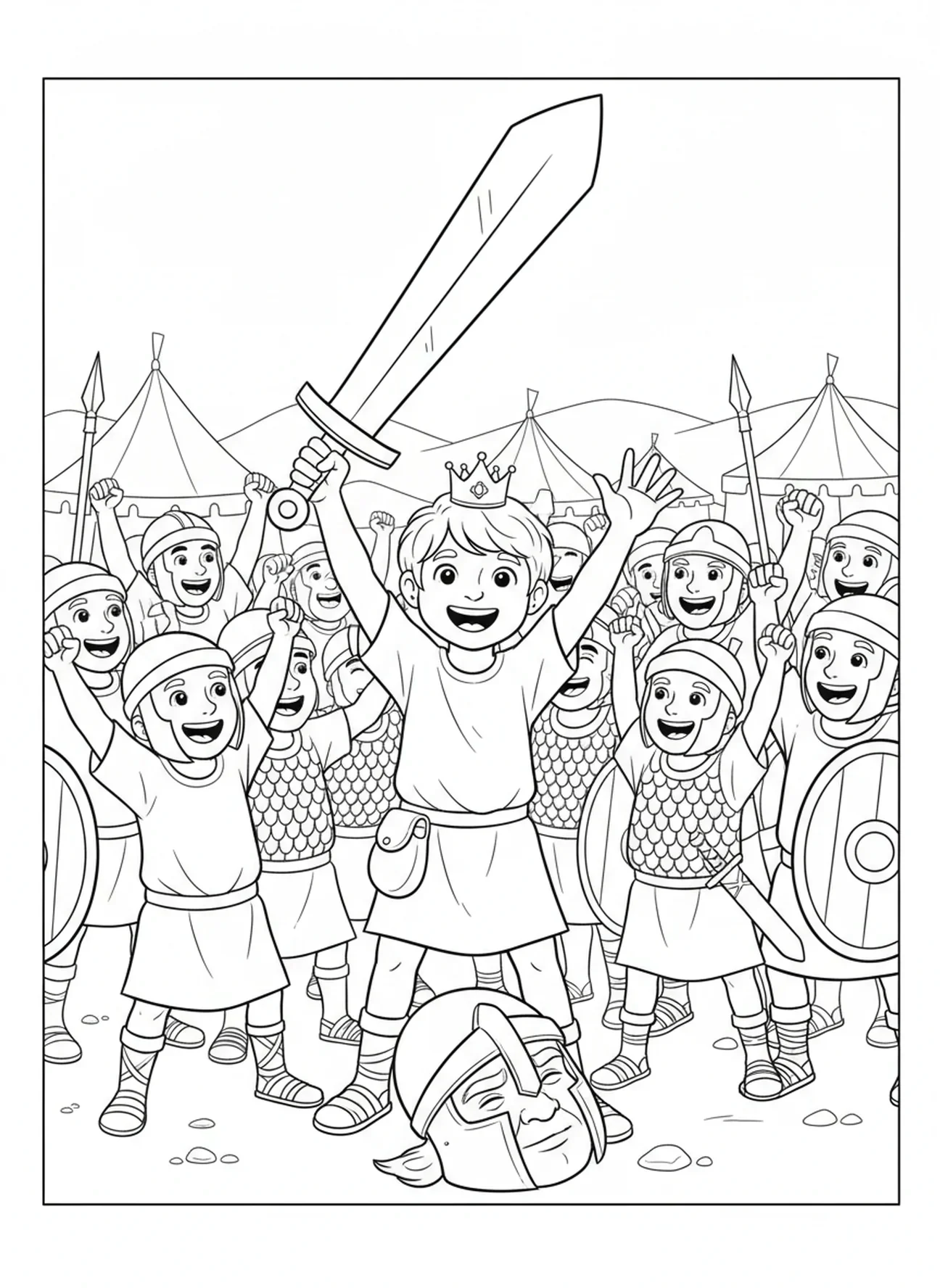 Davi com a espada de Golias, página para colorir Davi e Golias para crianças de 5 a 10 anos