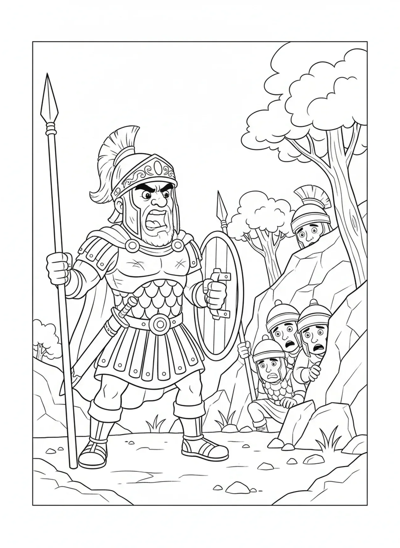 Golias gritando desafios, página para colorir de Davi e Golias para crianças de 5 a 10 anos