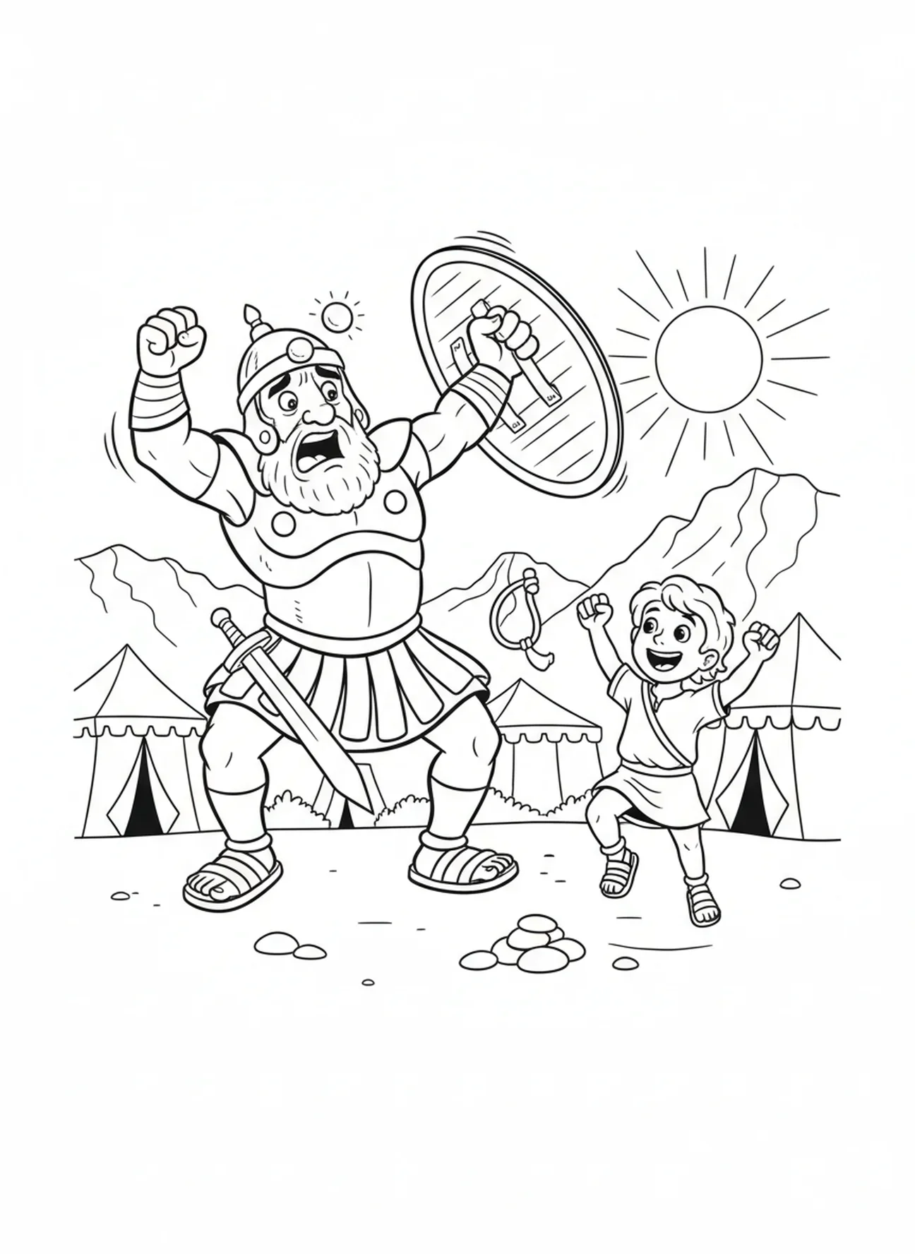 Golias caindo para trás, página de colorir de Davi e Golias para crianças de 5 a 10 anos