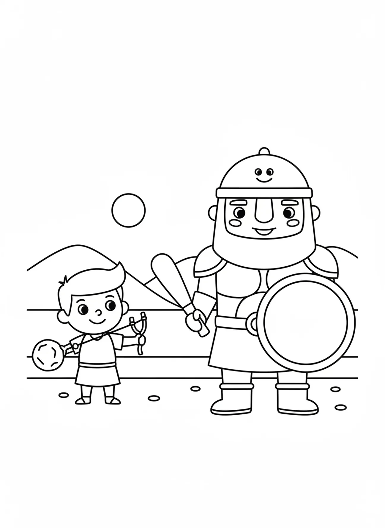 Davi mirando a funda, página de colorir Davi e Golias para crianças de 3 a 5 anos