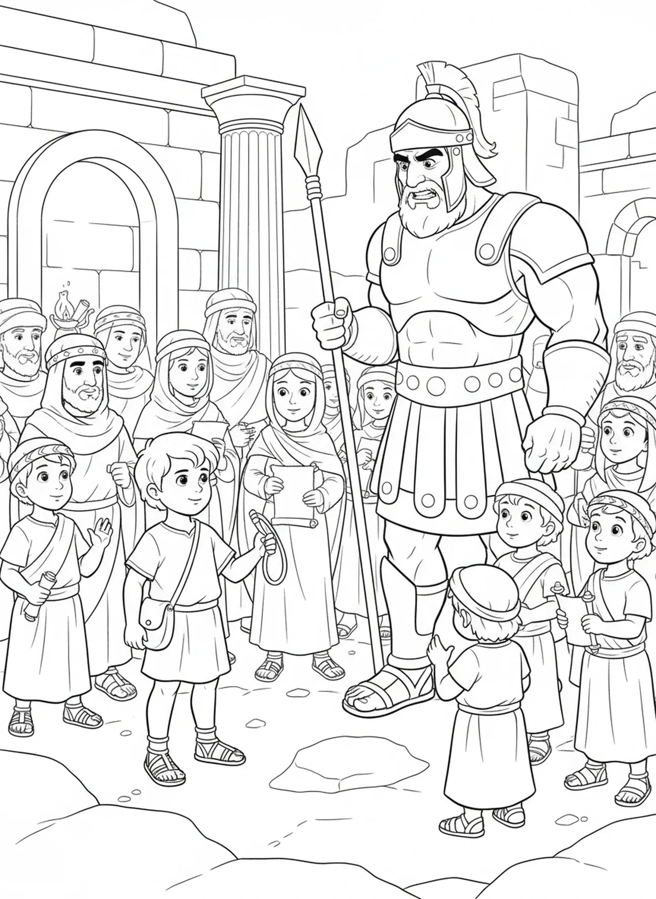 Davi e Golias se enfrentam, página de colorir Davi e Golias para crianças da Escola Dominical de 5 a 12 anos.