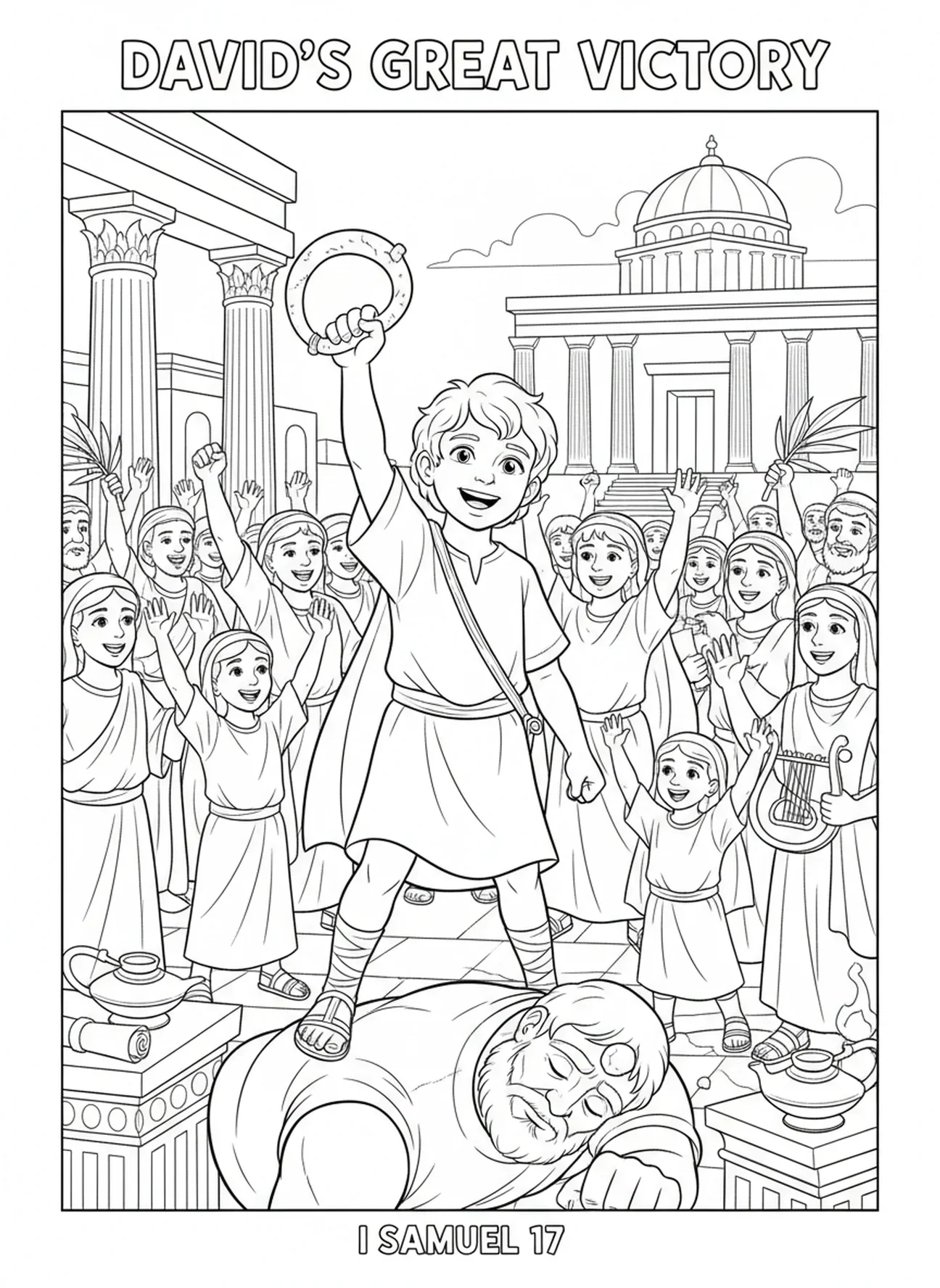 Davi é celebrado pela multidão, página para colorir Davi e Golias para crianças da Escola Dominical de 5 a 12 anos.