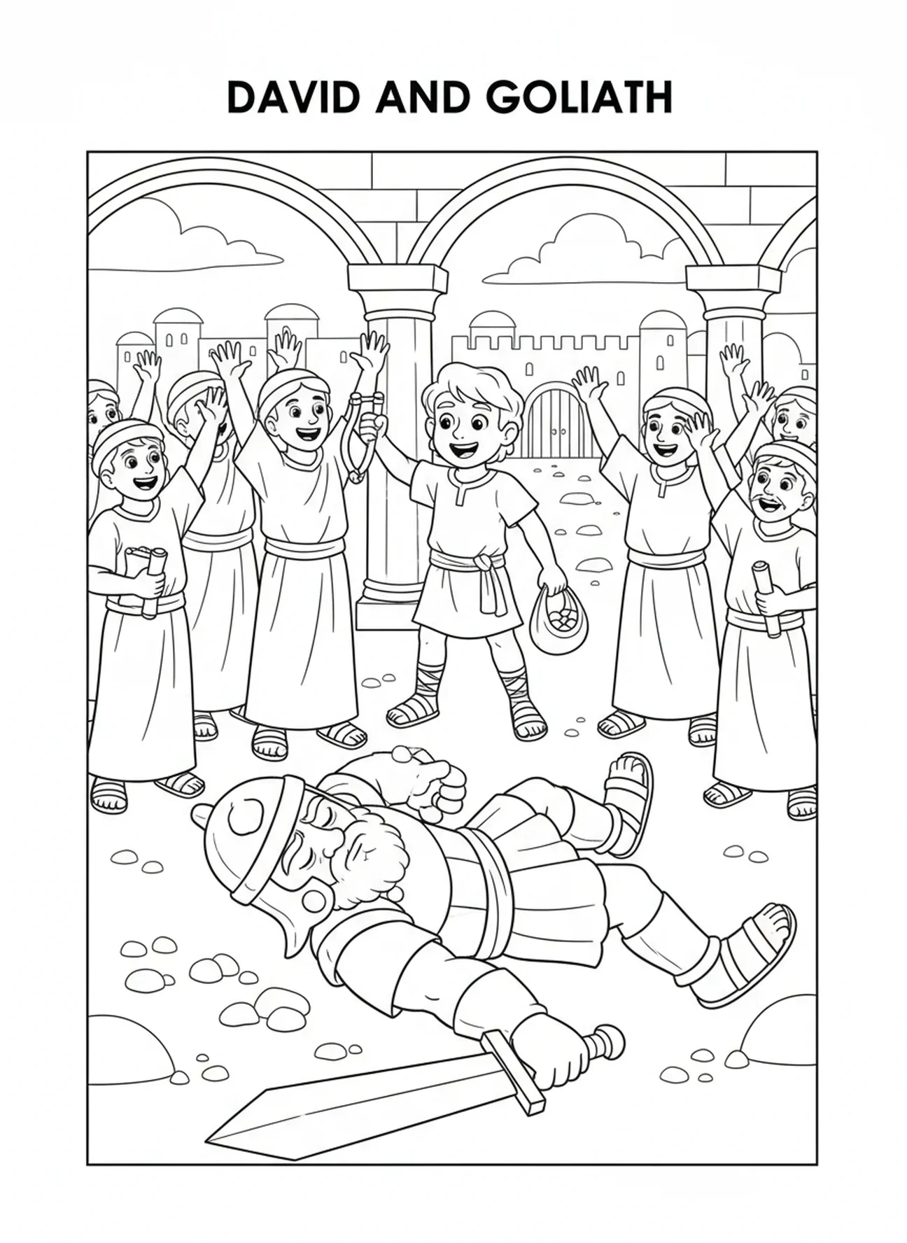 Golias caindo, página para colorir de Davi e Golias para crianças da Escola Dominical de 5 a 12 anos.