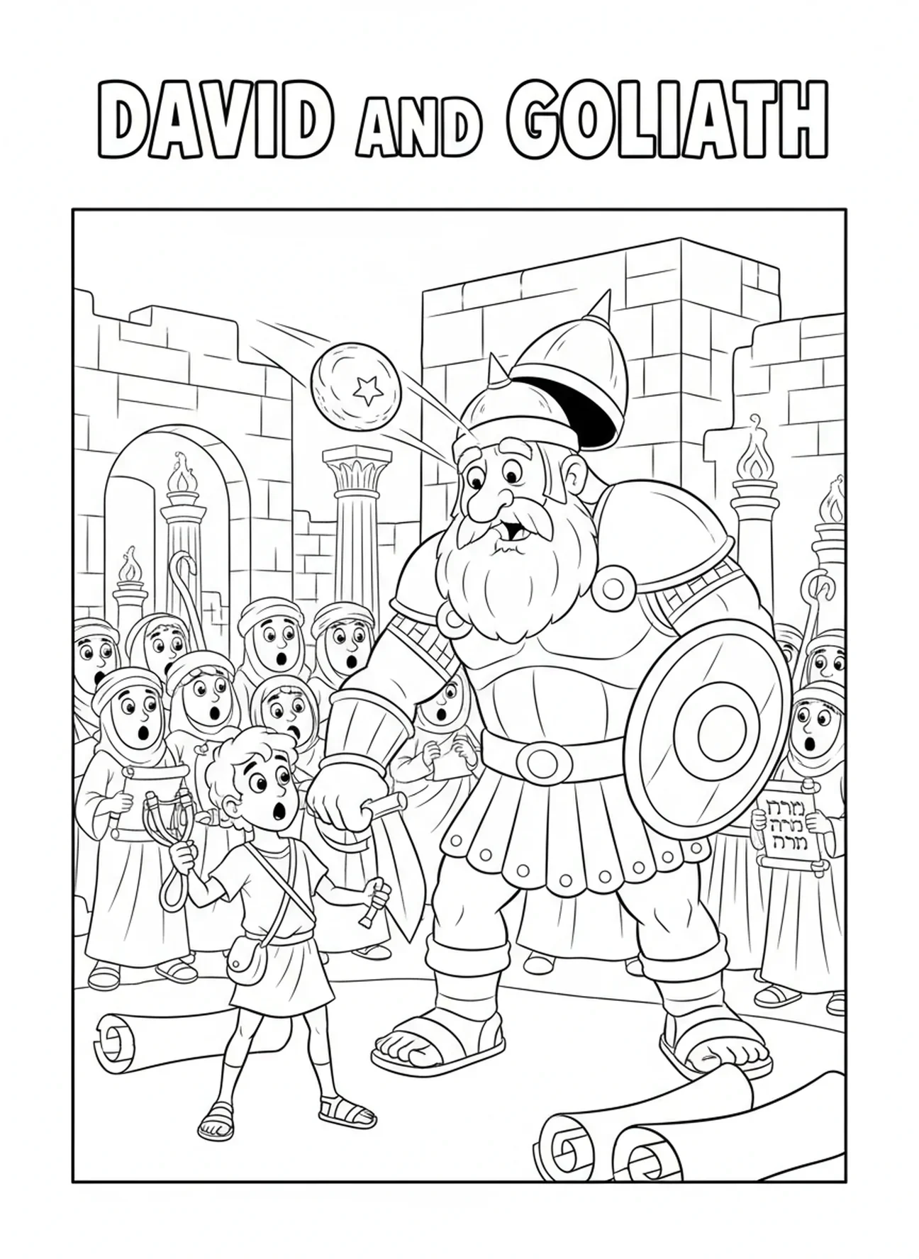 Pedra atingindo Golias, página de colorir David e Golias para crianças da Escola Dominical de 5 a 12 anos.
