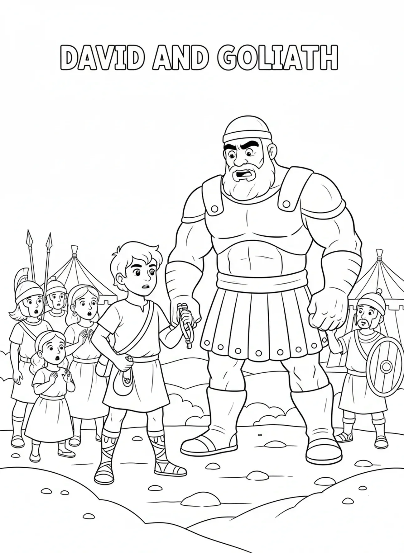 David faisant face à Goliath avec une fronde, David Roi David avec une couronne page à colorier pour les enfants de 5 à 10 ans