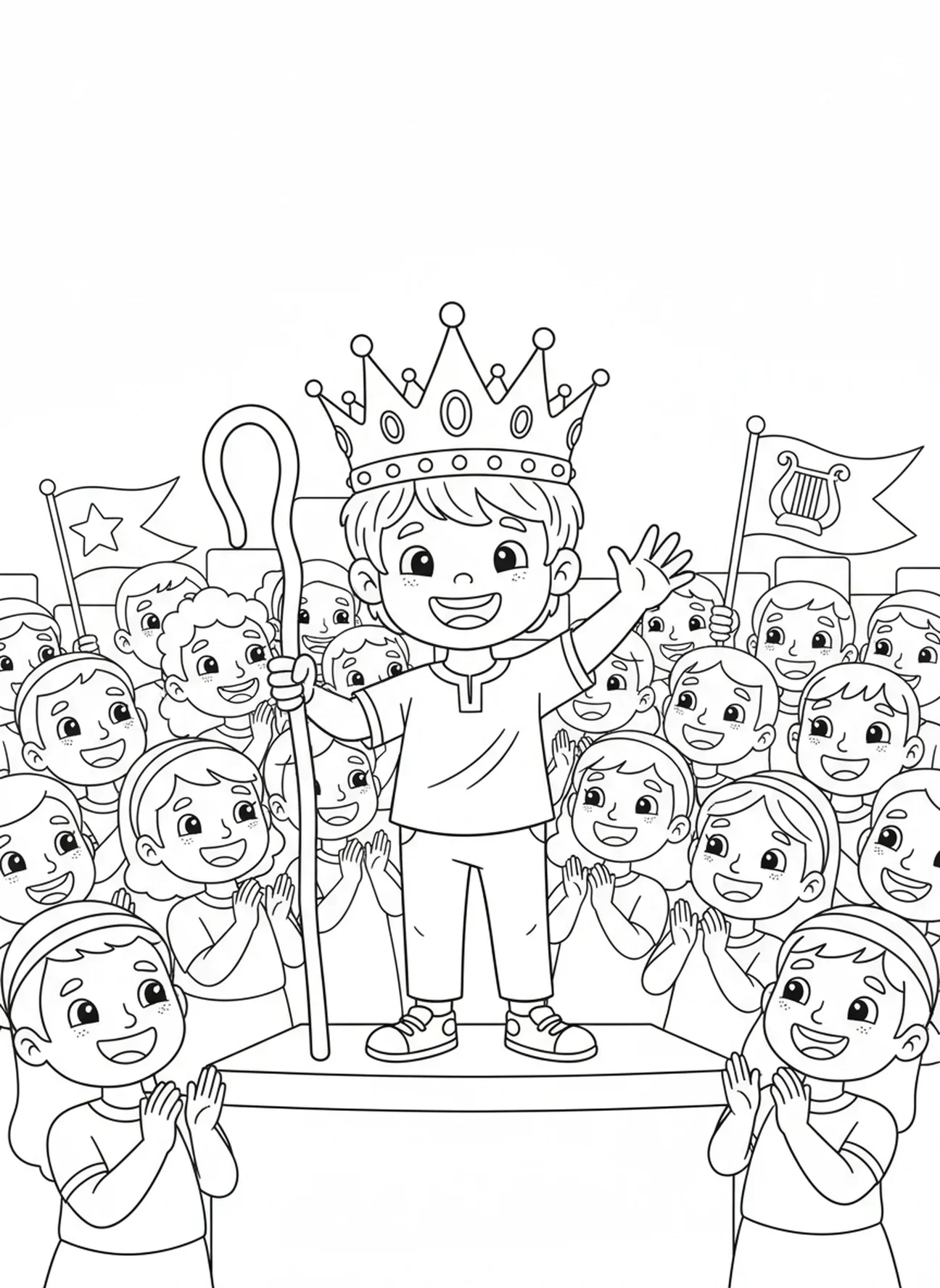 David joyeux portant une couronne, page à colorier David Roi David avec couronne pour enfants de 5 à 10 ans