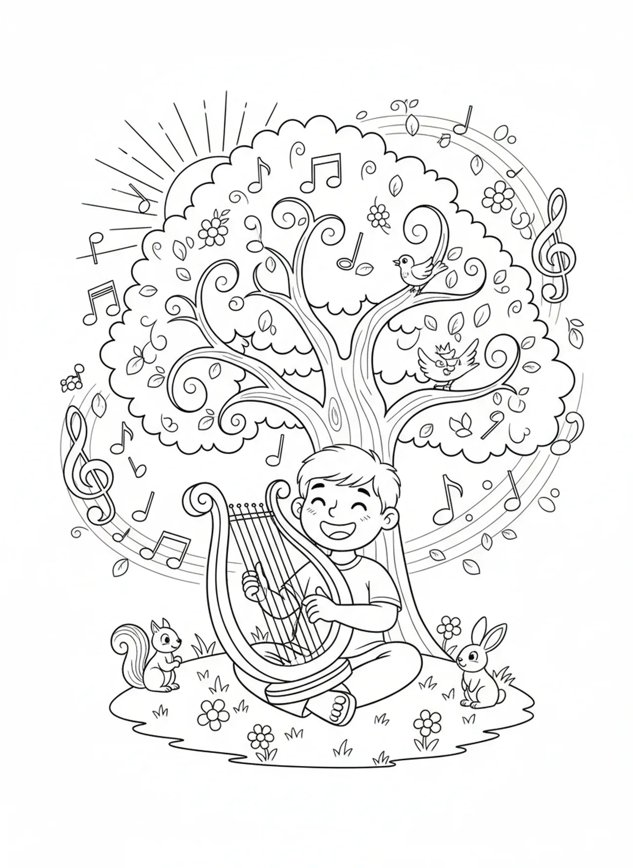 David jouant de la harpe sous un arbre, page à colorier du roi David avec une couronne pour les enfants de 5 à 10 ans