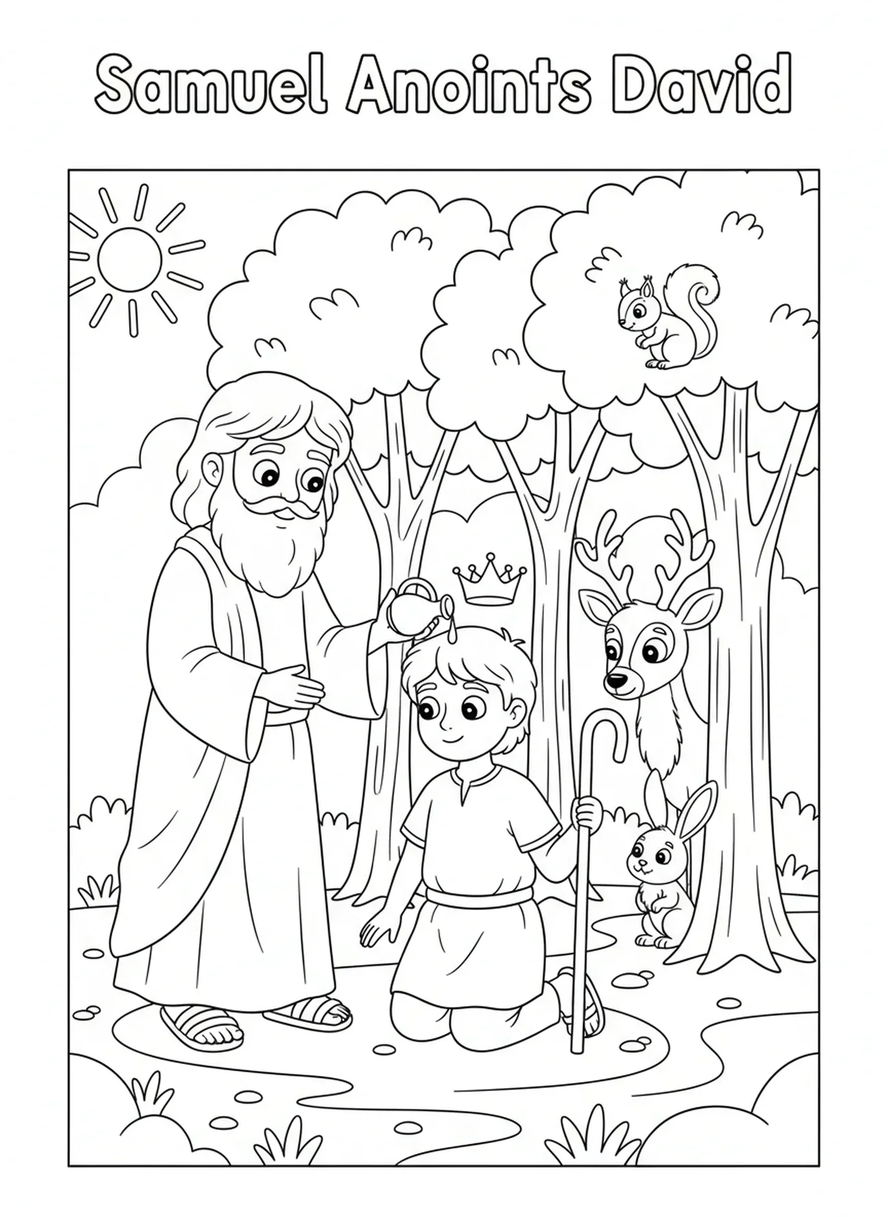 Animales observando, página para colorear de David Rey Samuel ungiendo a David para niños de 5 a 10 años.