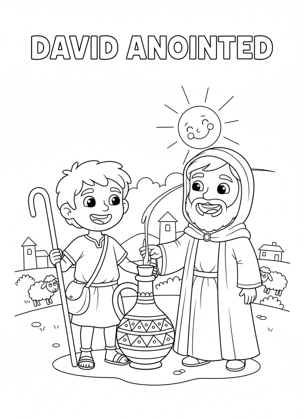 David y Samuel sonriendo, el Rey David siendo ungido por Samuel, página para colorear para niños de 5 a 10 años.
