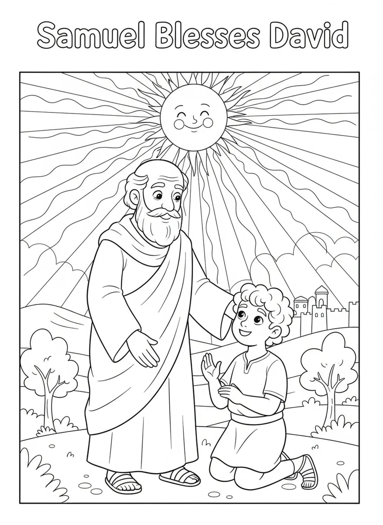 Samuel bendiciendo a David, página para colorear de la unción de David por el Rey Samuel para niños de 5 a 10 años.