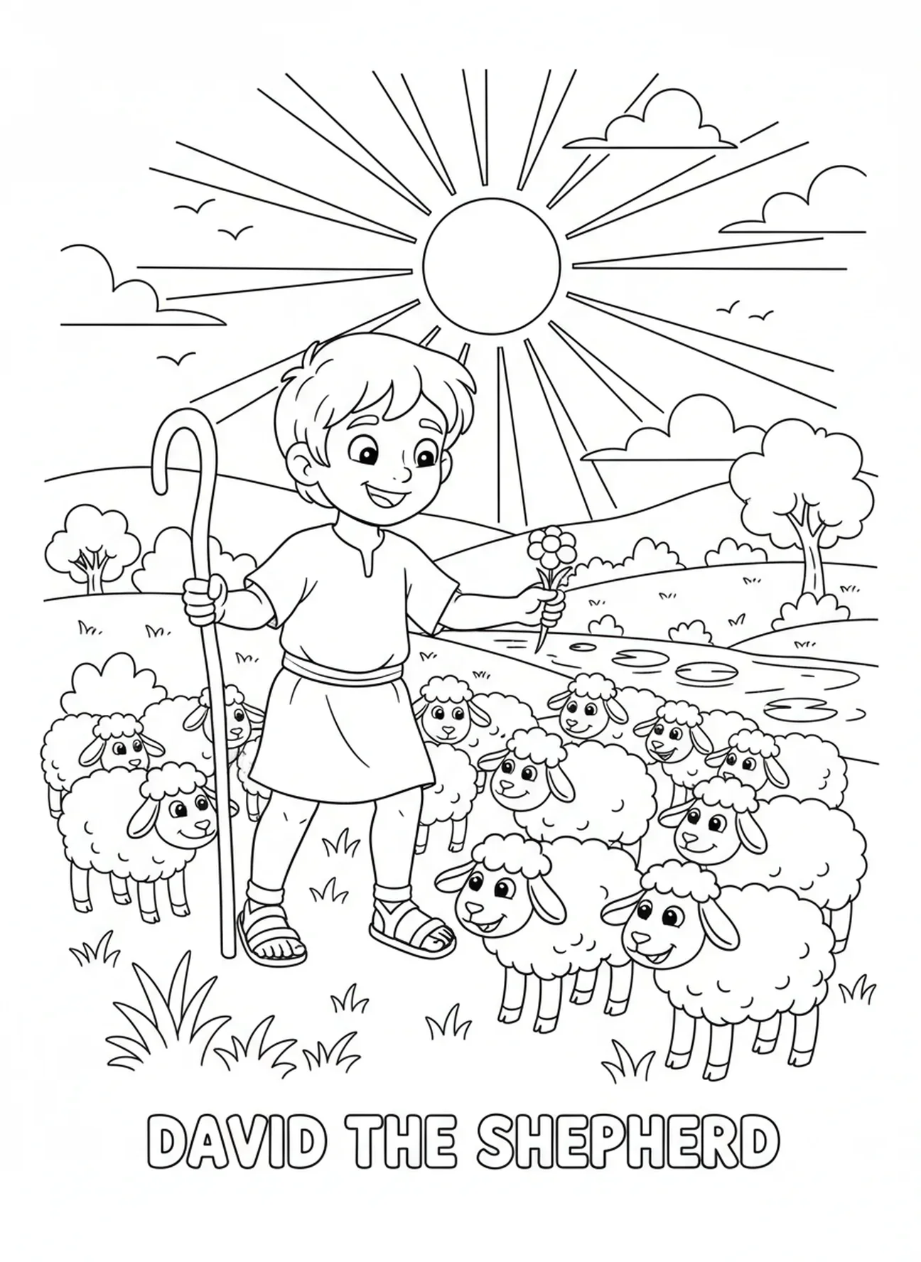 David cuidando ovejas, página para colorear de David Rey Samuel unge a David para niños de 5 a 10 años.
