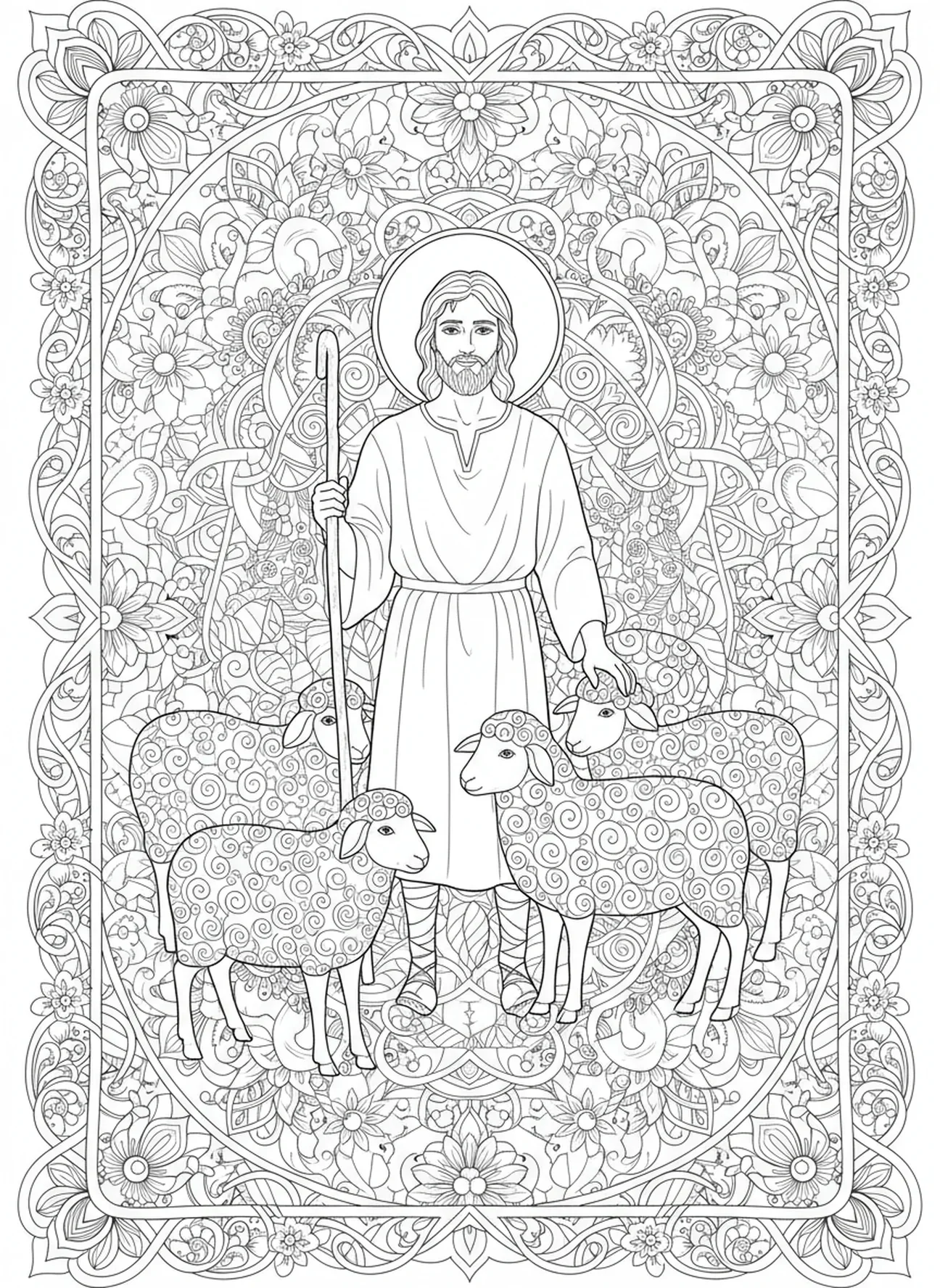 David mit Schafen und Hirtenstab, Ausmalbild von König David im Stil des Bibel-Journaling für Erwachsene.