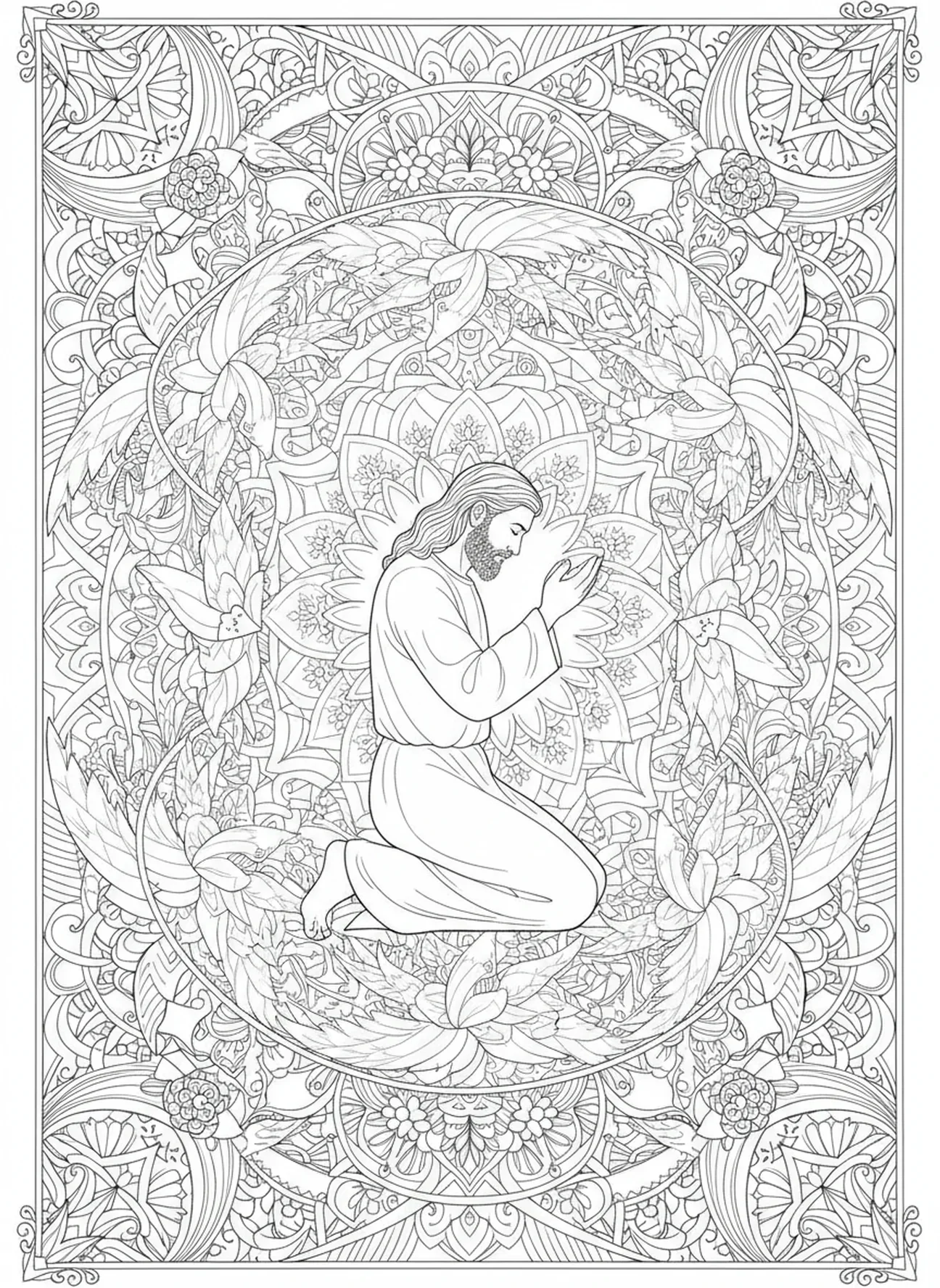 David kniet im Gebet, Ausmalbild für Erwachsene im Bibel-Journaling-Stil.
