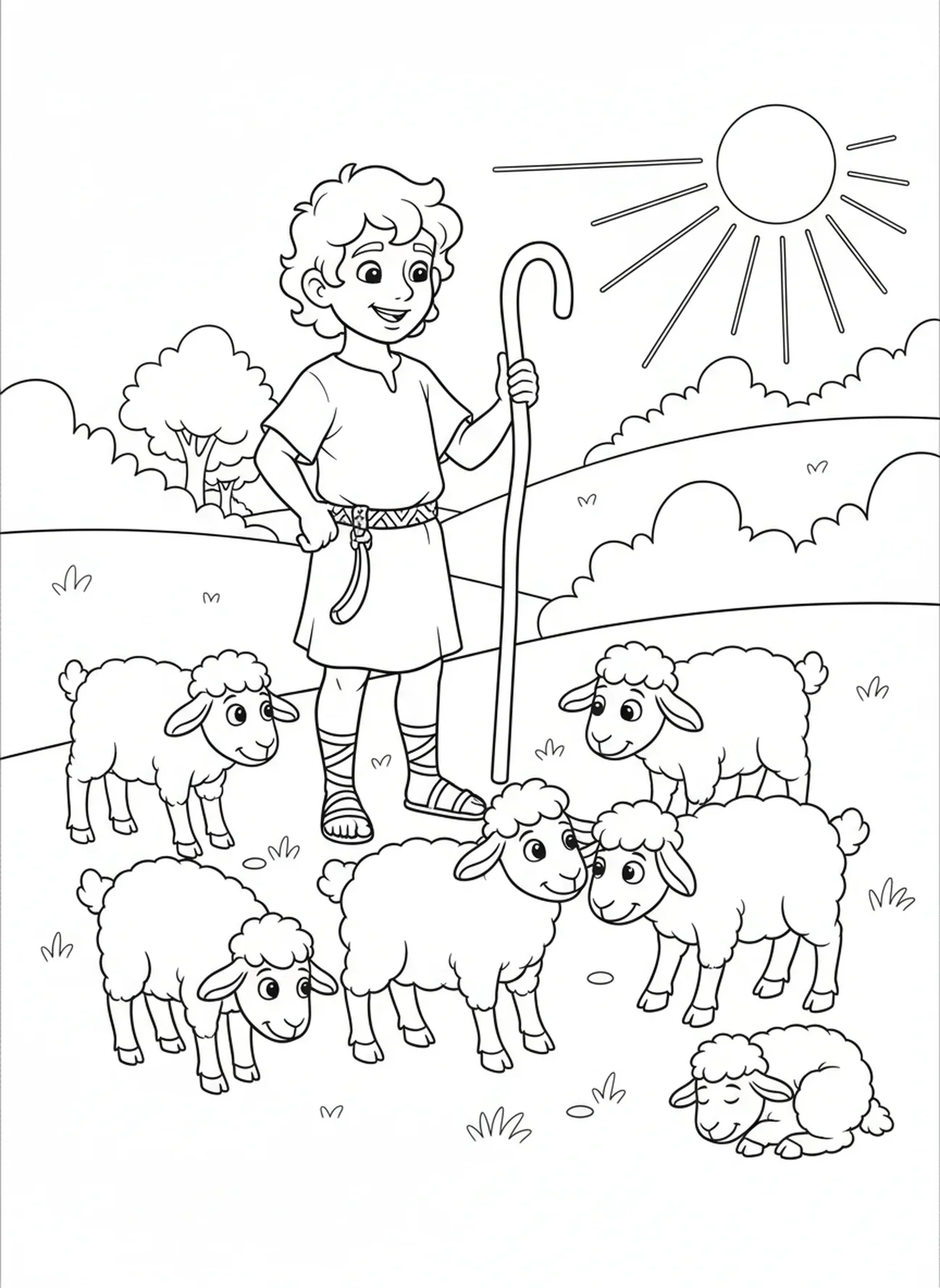 Davi com as ovelhas, página para colorir do Rei Davi para crianças de 5 a 10 anos