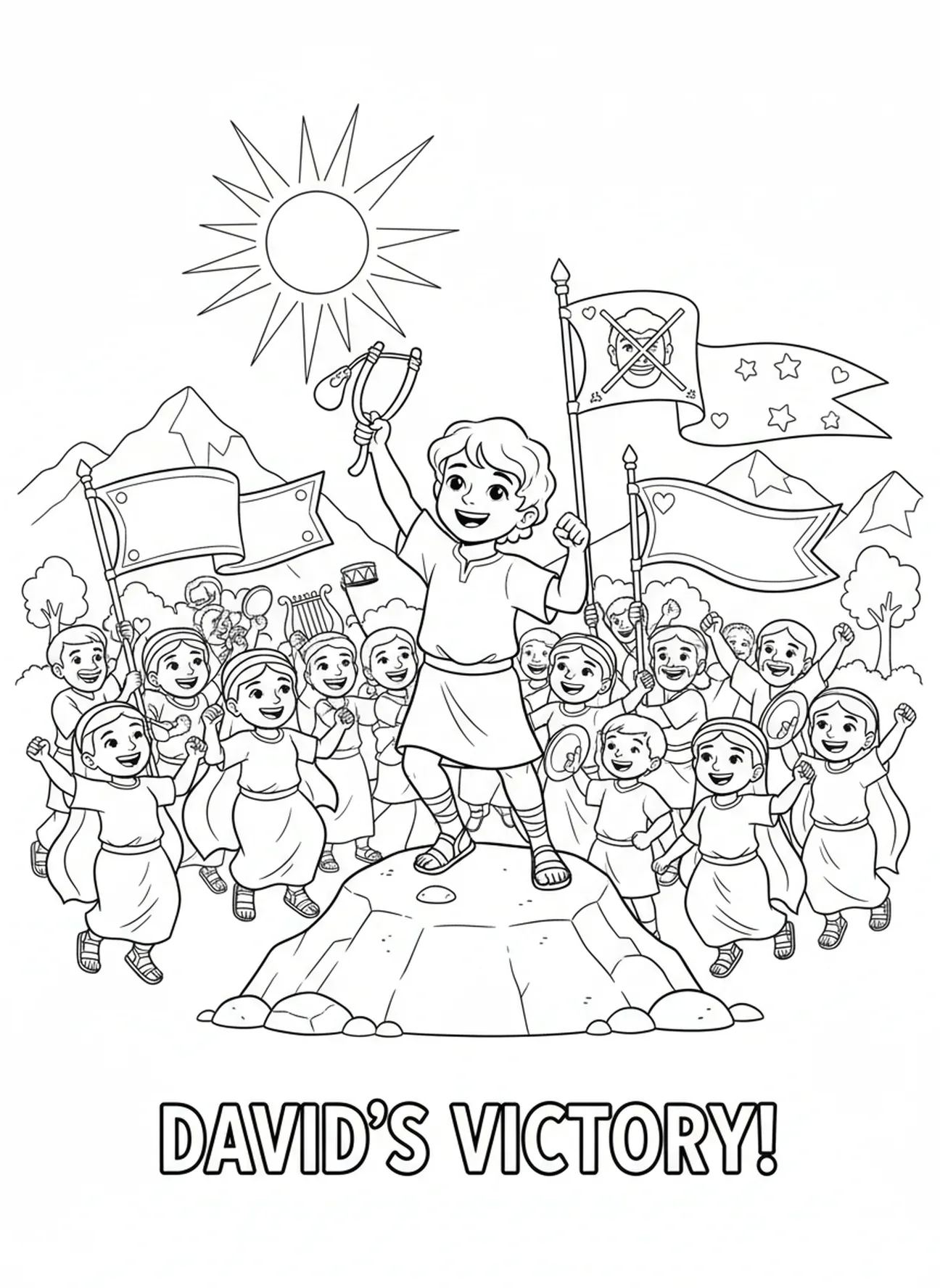 Davi celebrando a vitória, página de colorir do Rei Davi para crianças de 5 a 10 anos