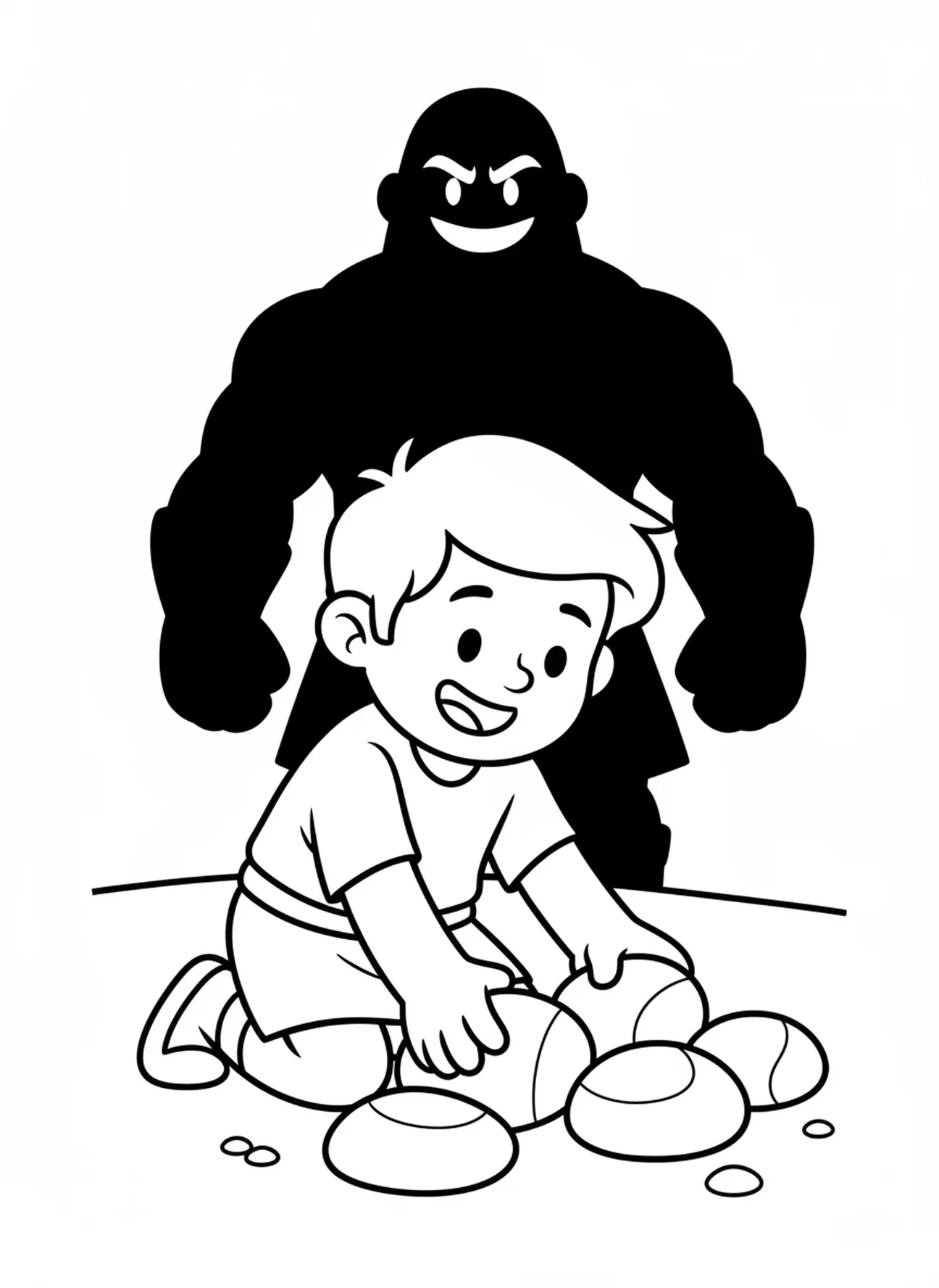David choisissant des pierres, page à colorier David Roi pour les enfants d'âge préscolaire de 3 à 5 ans.