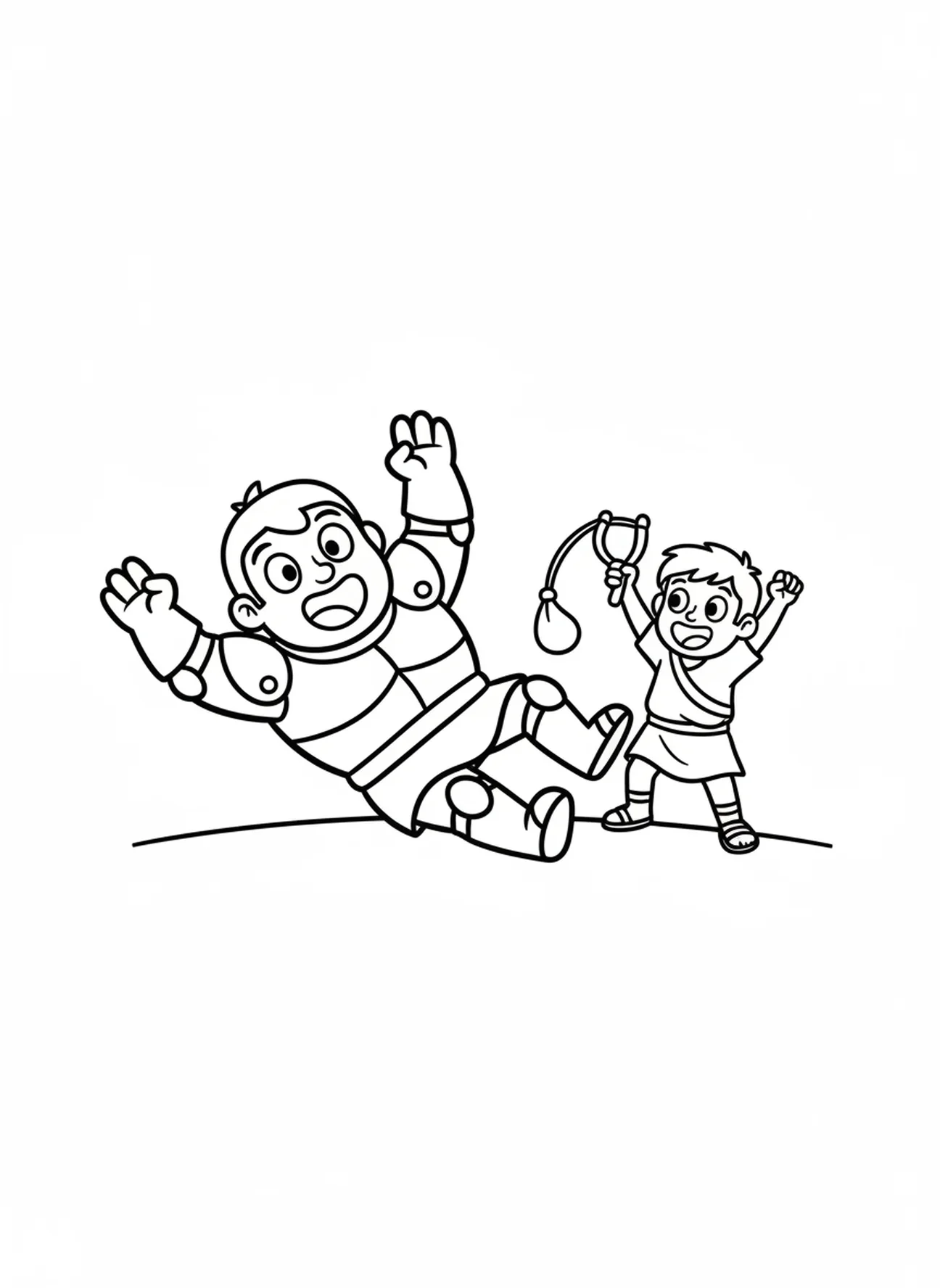 Goliath tombant, page à colorier de David Roi pour les enfants d'âge préscolaire de 3 à 5 ans.
