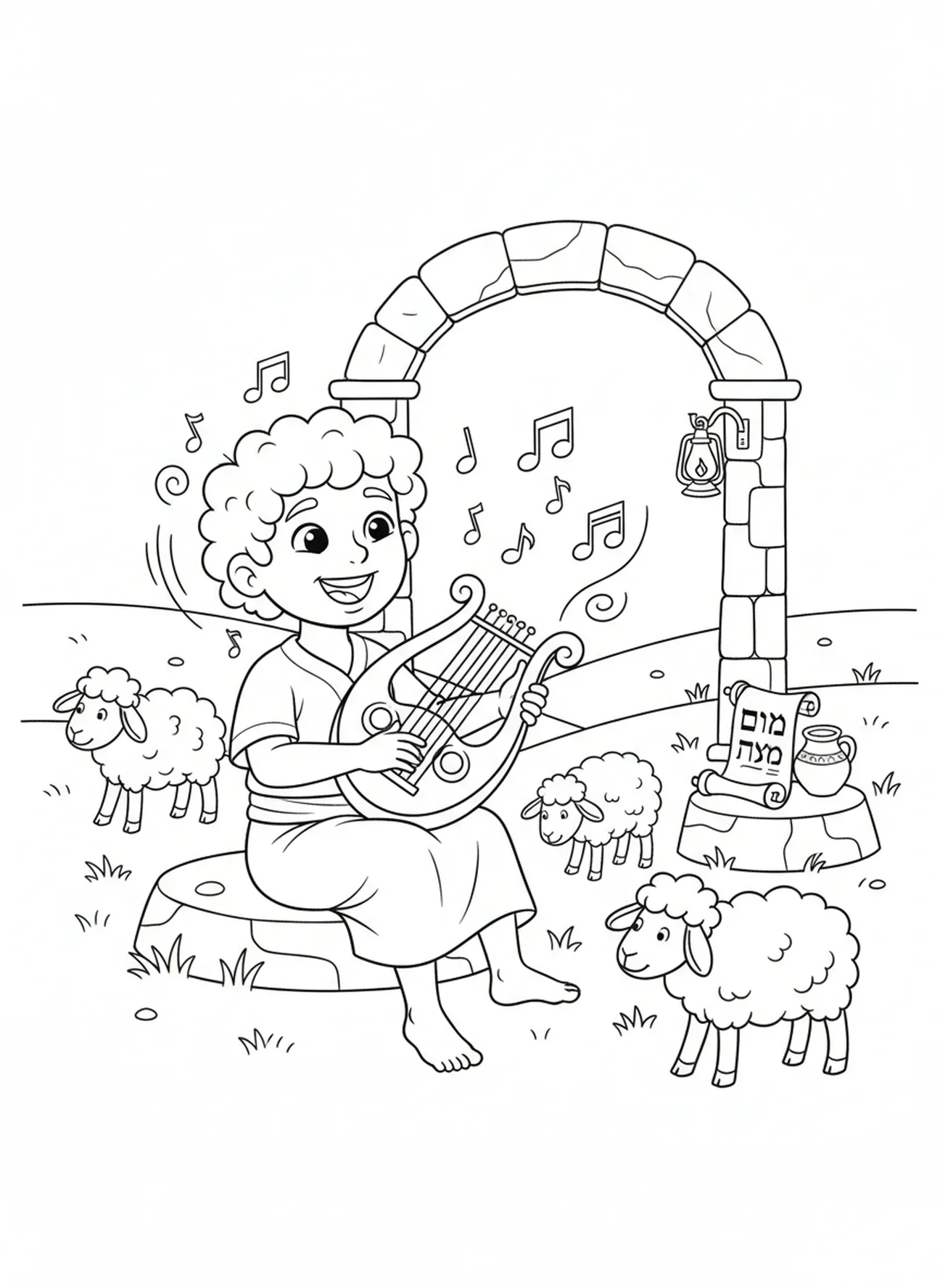 David die harp speelt met muzikale noten, kleurplaat van koning David voor Zondagsschoolkinderen van 5-12 jaar.