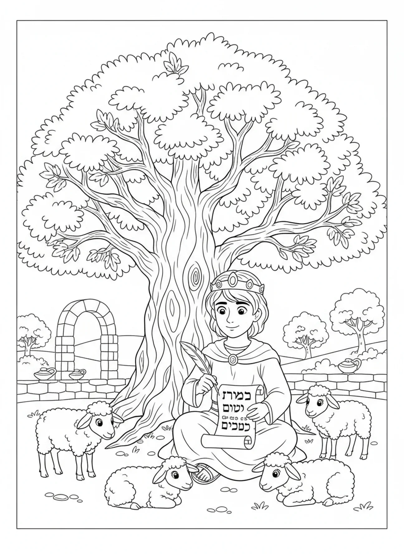 David schrijft een psalm op een perkament, kleurplaat van koning David voor Zondagsschoolkinderen van 5-12 jaar.