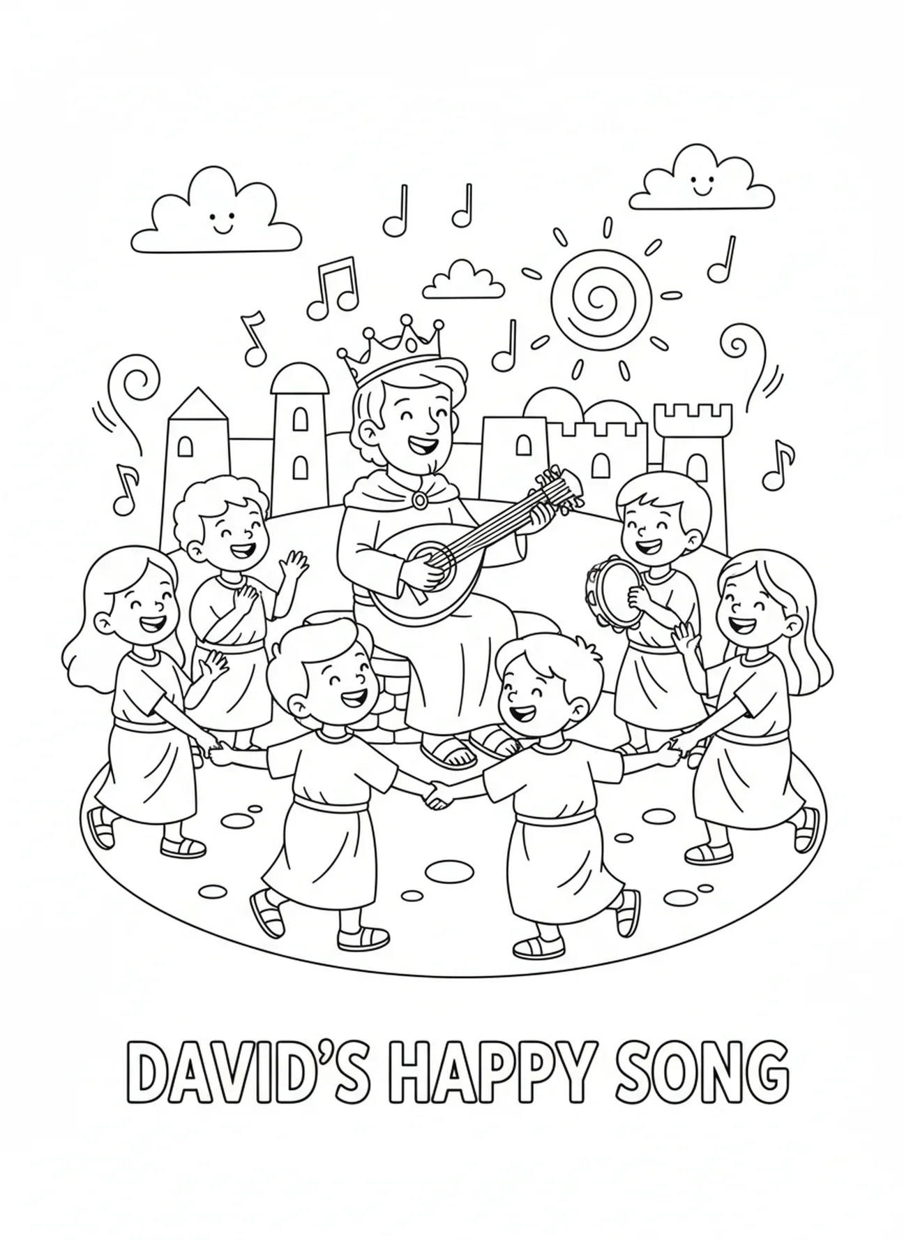 David spielt Harfe mit tanzenden Kindern, Ausmalbild David spielt Harfe für Kinder im Alter von 5-10 Jahren.