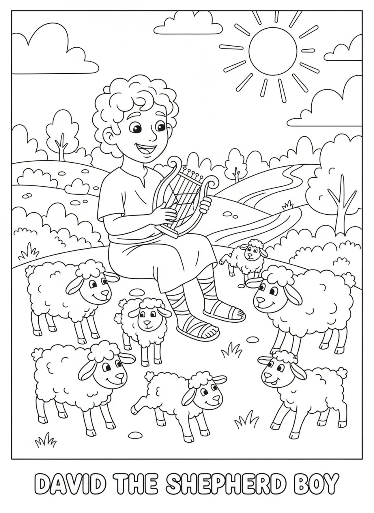 Der Hirte David mit Schafen, David spielt Harfe Ausmalbild für Kinder im Alter von 5-10 Jahren.