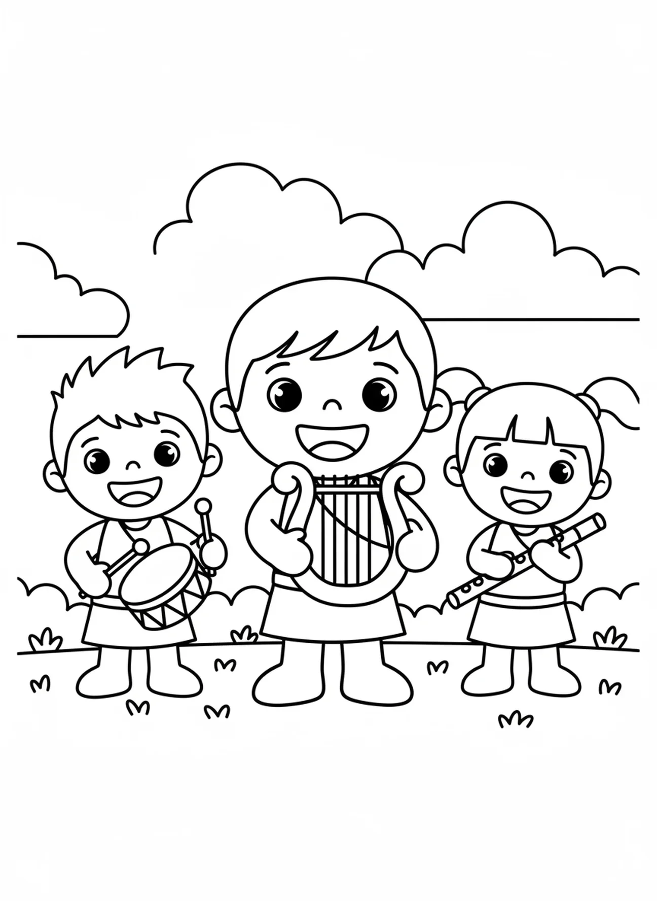 David souriant avec des amis, page à colorier David jouant de la harpe pour les enfants d'âge préscolaire de 3 à 5 ans.