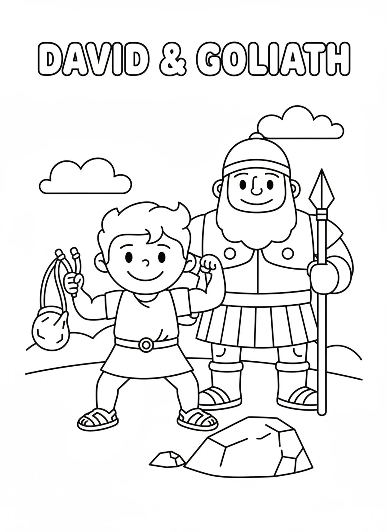 David avec une fronde, page à colorier David jouant de la harpe pour les enfants d'âge préscolaire de 3 à 5 ans.