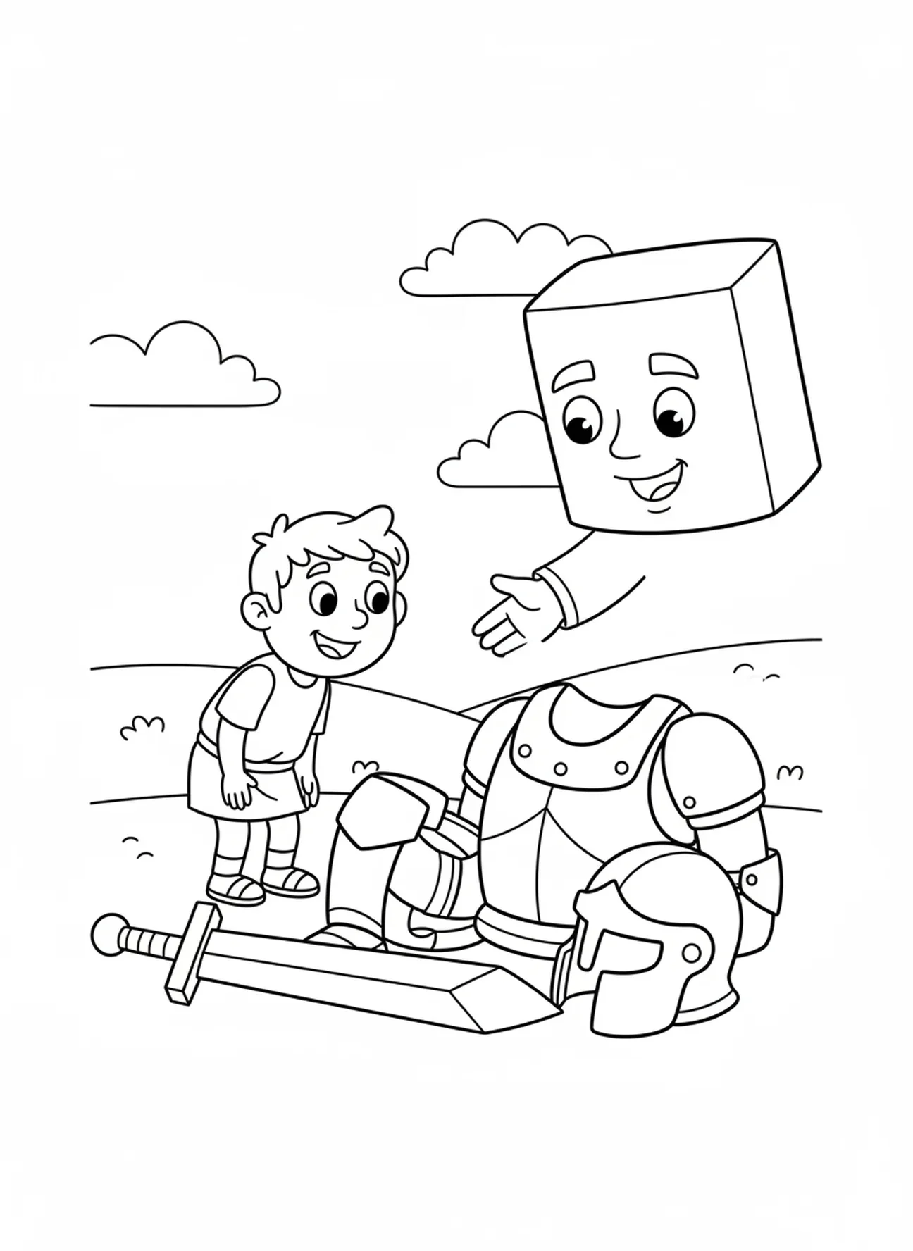 Armure de Goliath, page à colorier de David jouant de la harpe pour les enfants d'âge préscolaire de 3 à 5 ans.