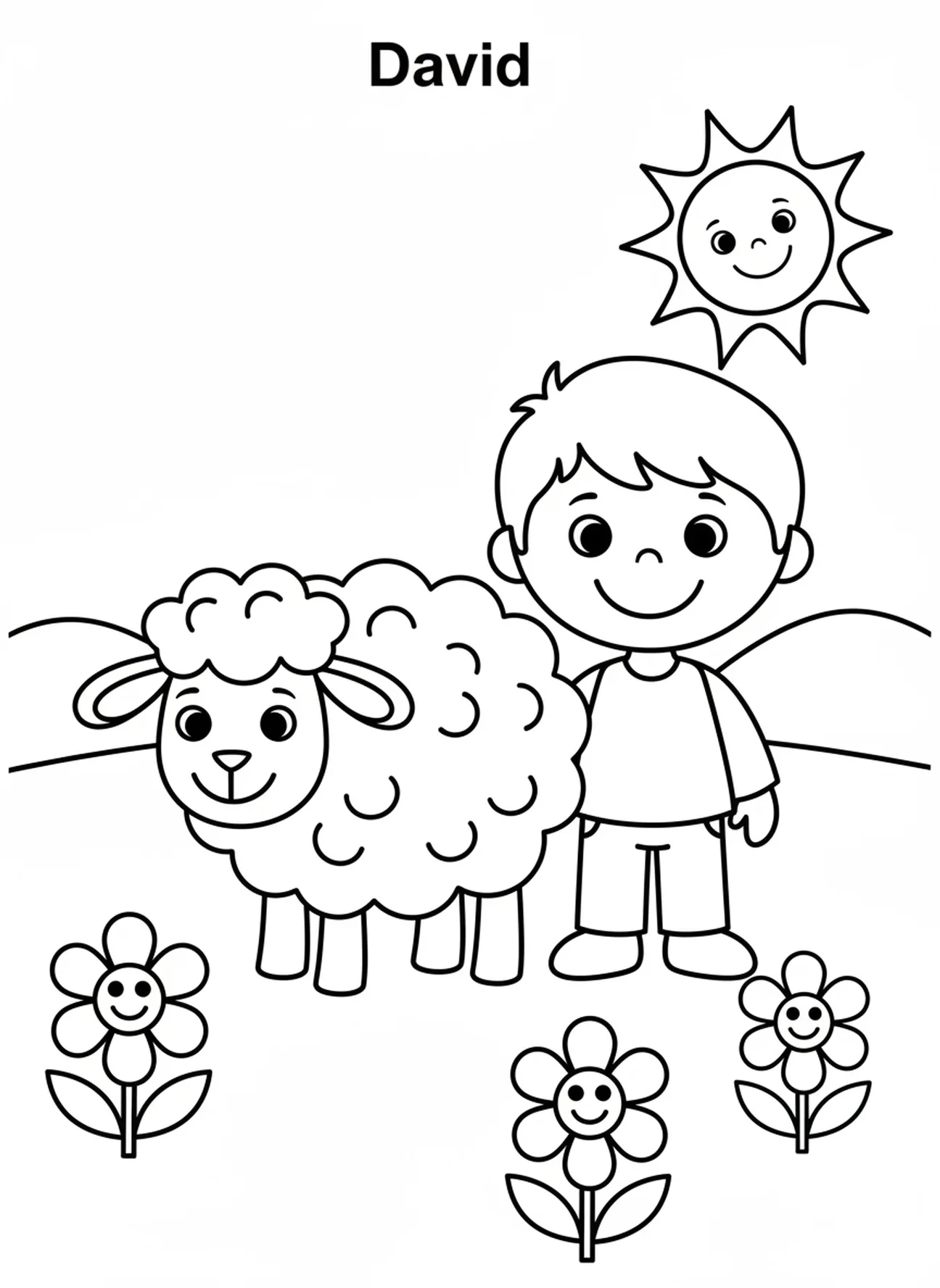 David souriant avec des moutons, page à colorier de David jouant de la harpe pour les enfants d'âge préscolaire de 3 à 5 ans.