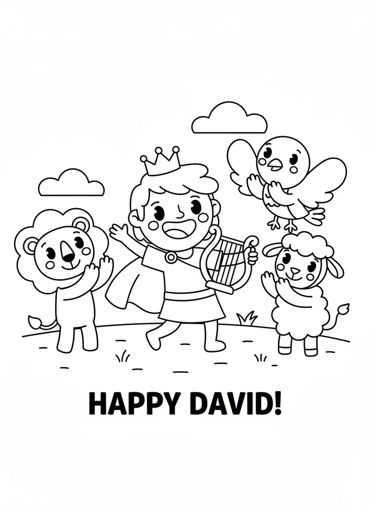 David dansant, page à colorier de David jouant de la harpe pour les enfants d'âge préscolaire de 3 à 5 ans.