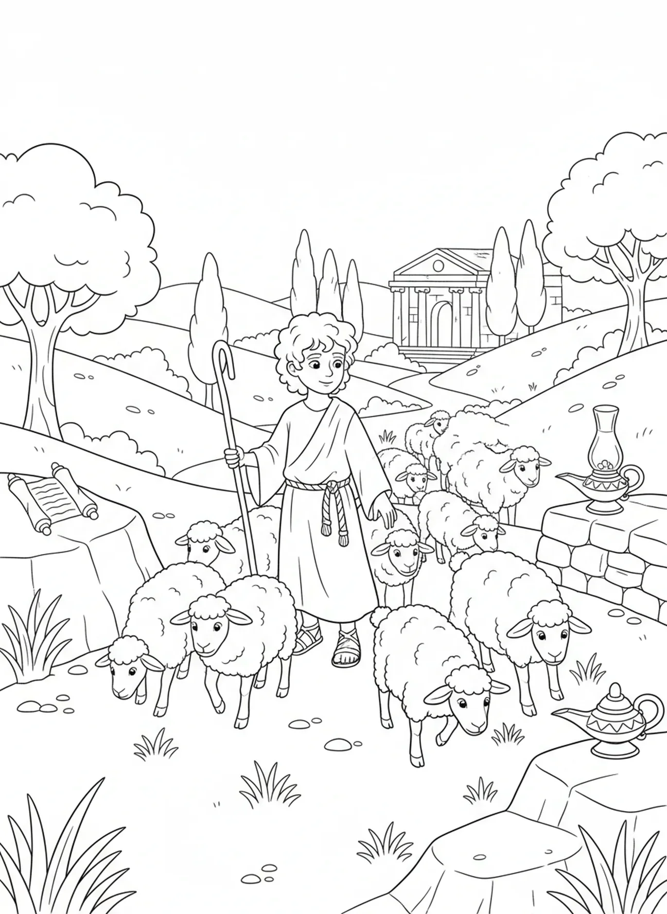 David, der Schafe führt, David spielt Harfe Ausmalbild für Sonntagsschulkinder im Alter von 5-12 Jahren.