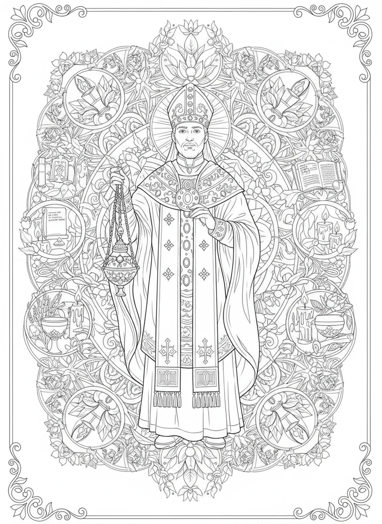Página para colorir sobre os rituais do sumo sacerdote, estilo de journaling bíblico para adultos.