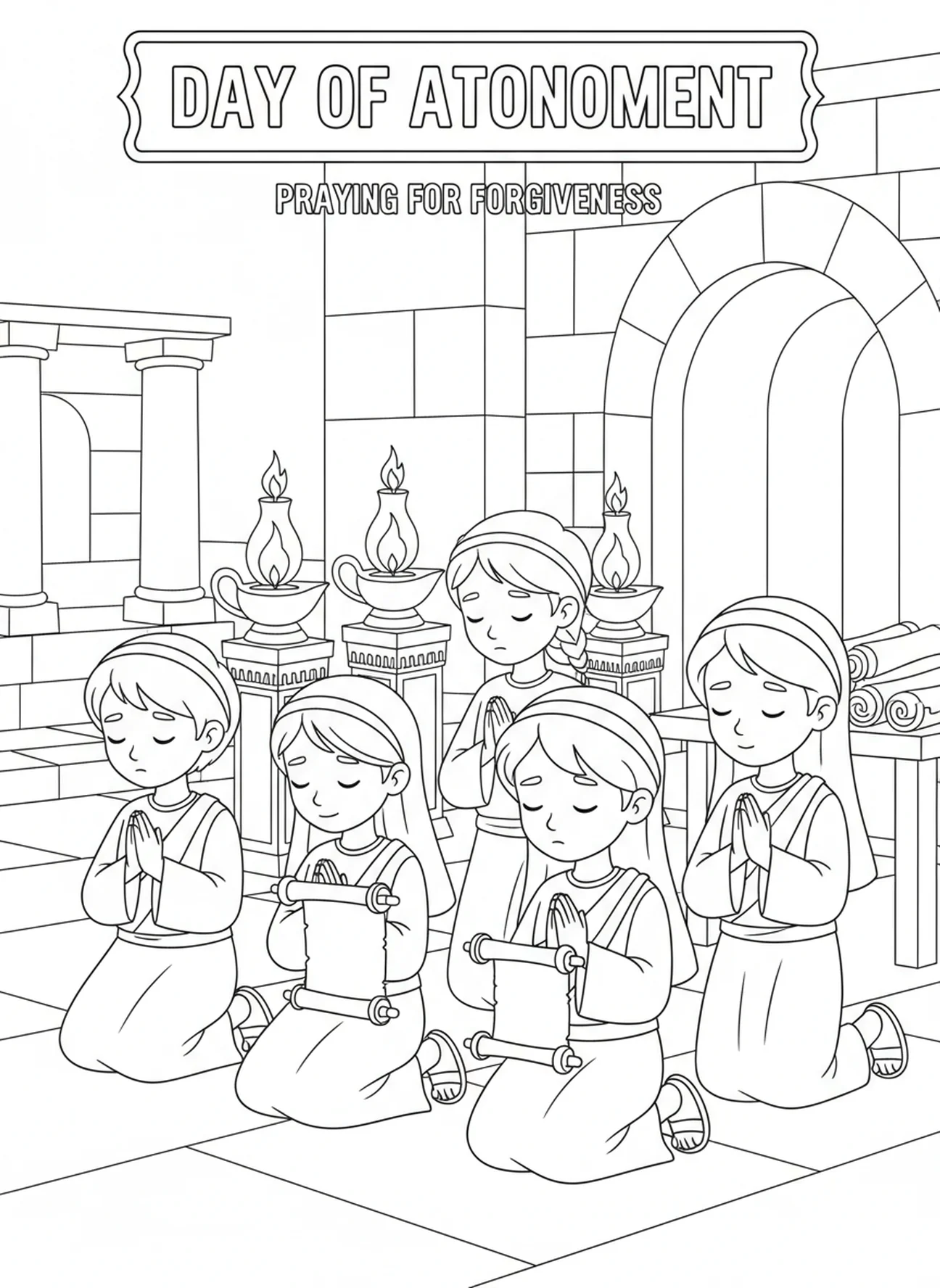 Crianças orando por perdão, página para colorir sobre o Dia da Expiação para crianças da Escola Dominical de 5 a 12 anos