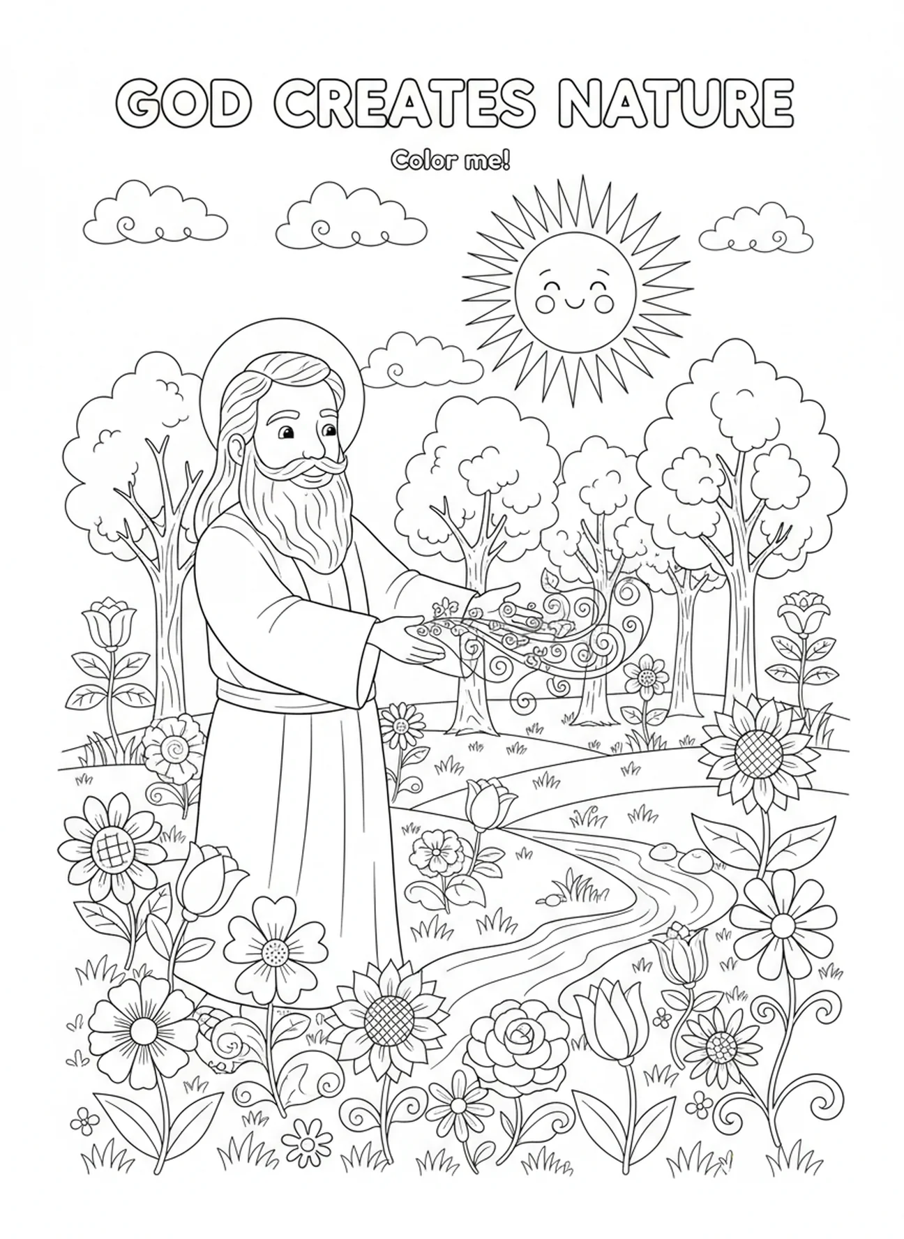 Plantas e flores coloridas, Dias da Criação - página para colorir para crianças de 5 a 10 anos