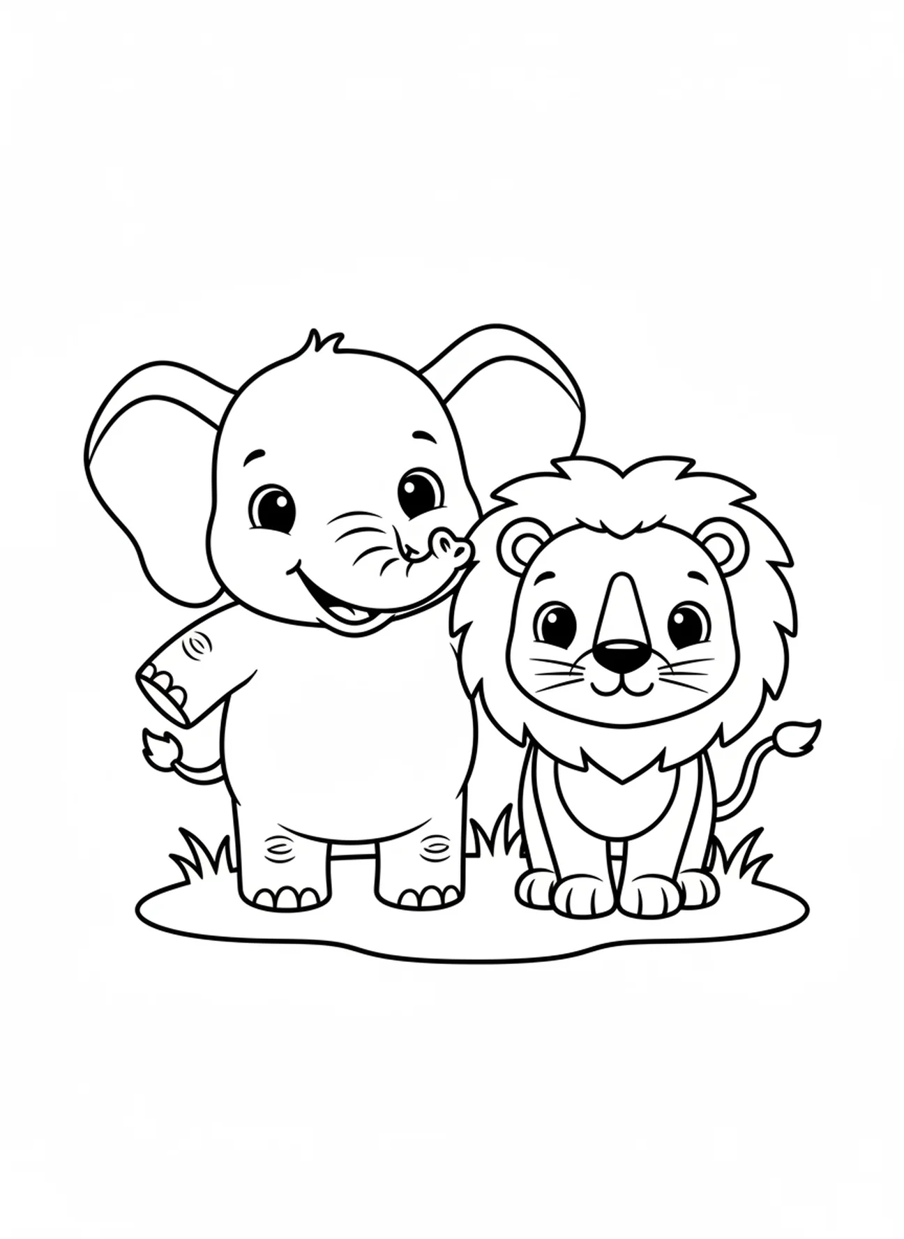 Niedlicher lächelnder Elefant und freundlicher Löwe, Tage der Schöpfung Ausmalbild für Vorschulkinder im Alter von 3-5 Jahren.