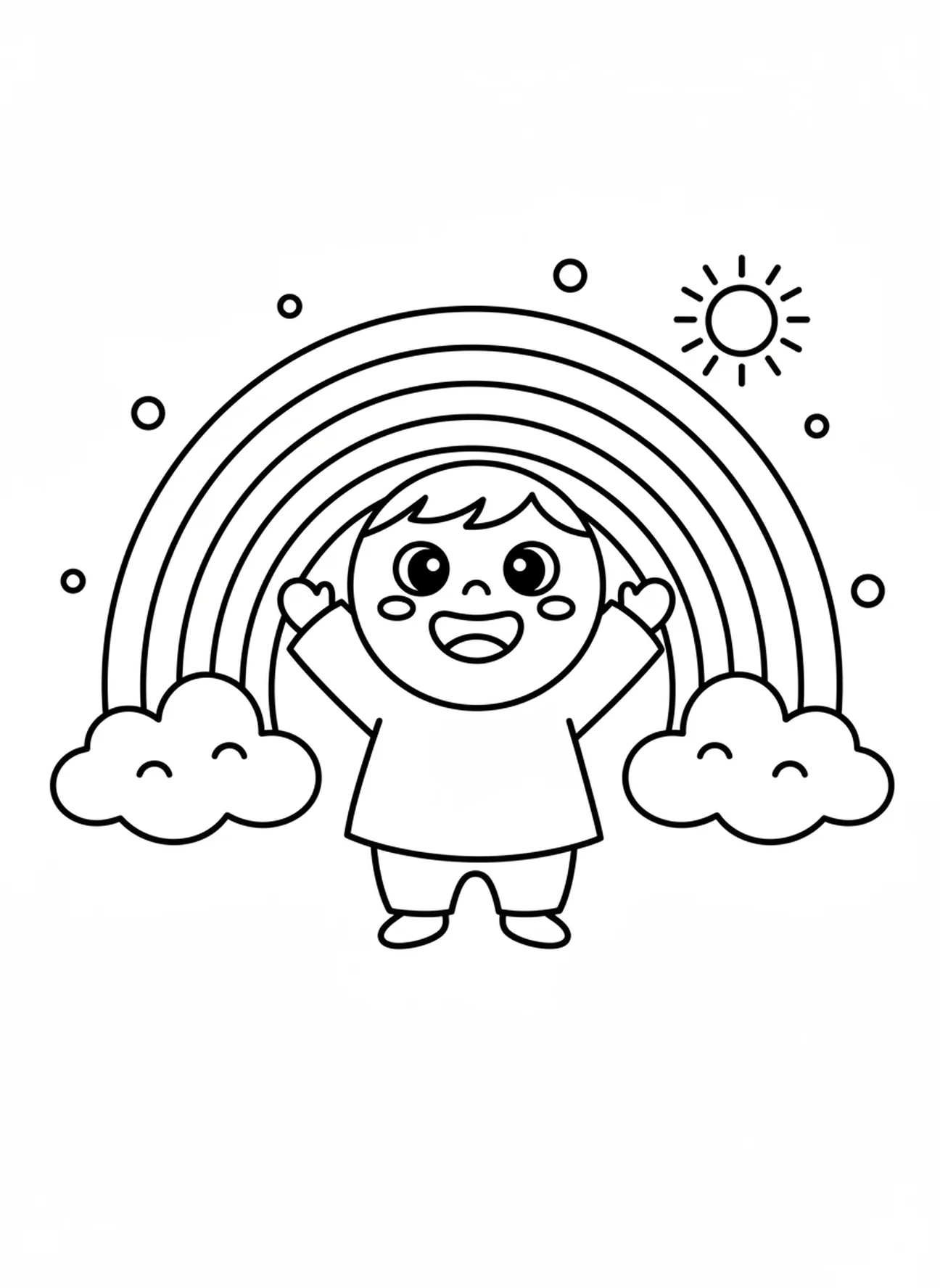 Fröhlicher Charakter mit Regenbogen, Ausmalbild zu den Schöpfungstagen für Vorschulkinder im Alter von 3-5 Jahren.