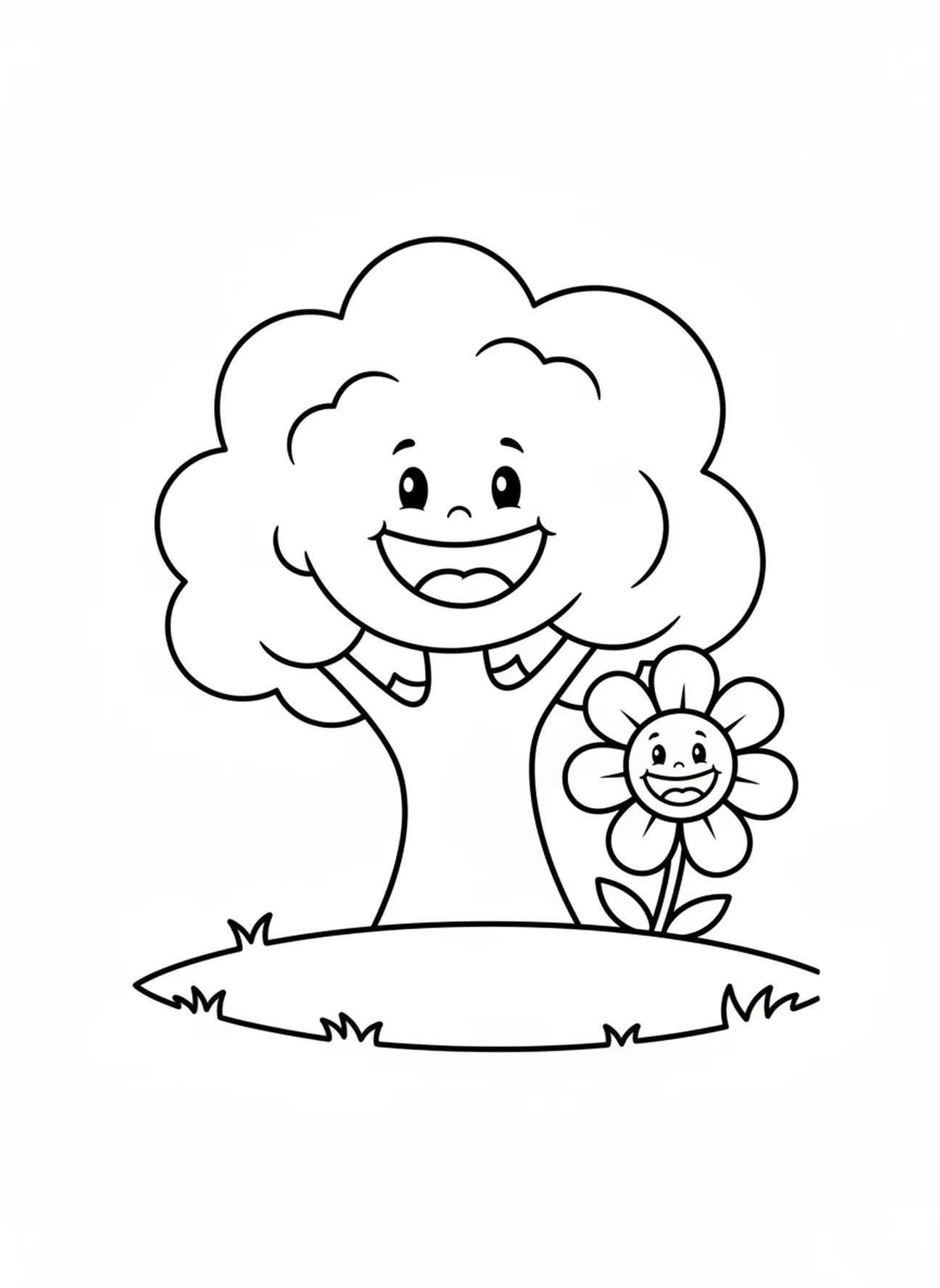 Fröhlicher Baum und glückliche Blume, Tage der Schöpfung Ausmalbild für Vorschulkinder im Alter von 3-5 Jahren.