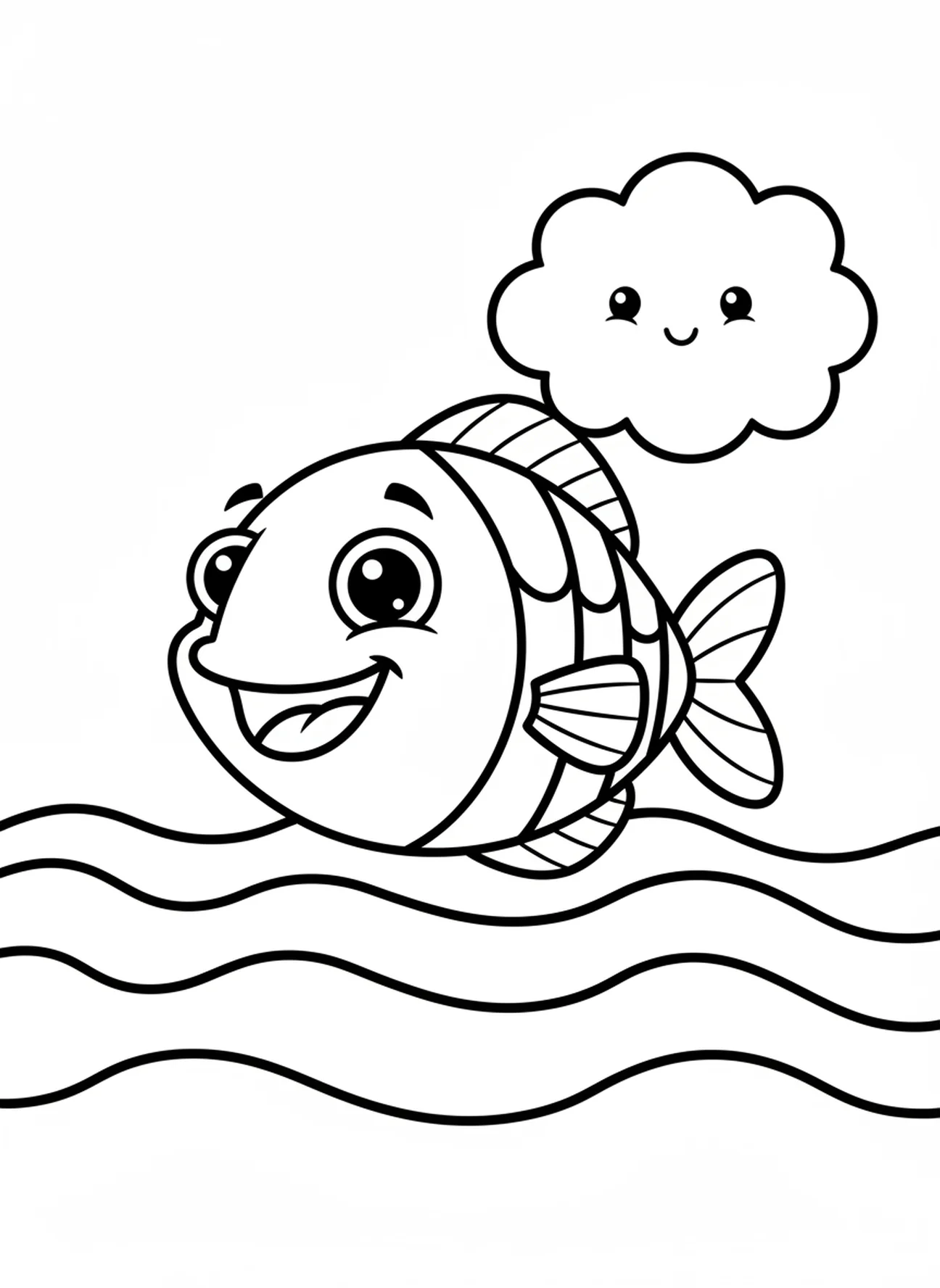 Großer lächelnder Fisch, Tage der Schöpfung Ausmalbild für Vorschulkinder im Alter von 3-5 Jahren.
