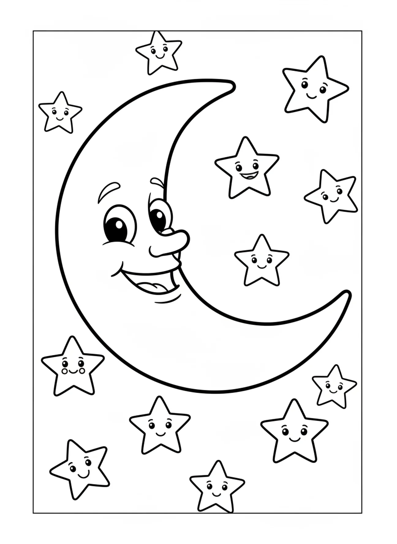 Großer lächelnder Mond und funkelnde Sterne, Tage der Schöpfung Ausmalbild für Vorschulkinder im Alter von 3-5 Jahren.