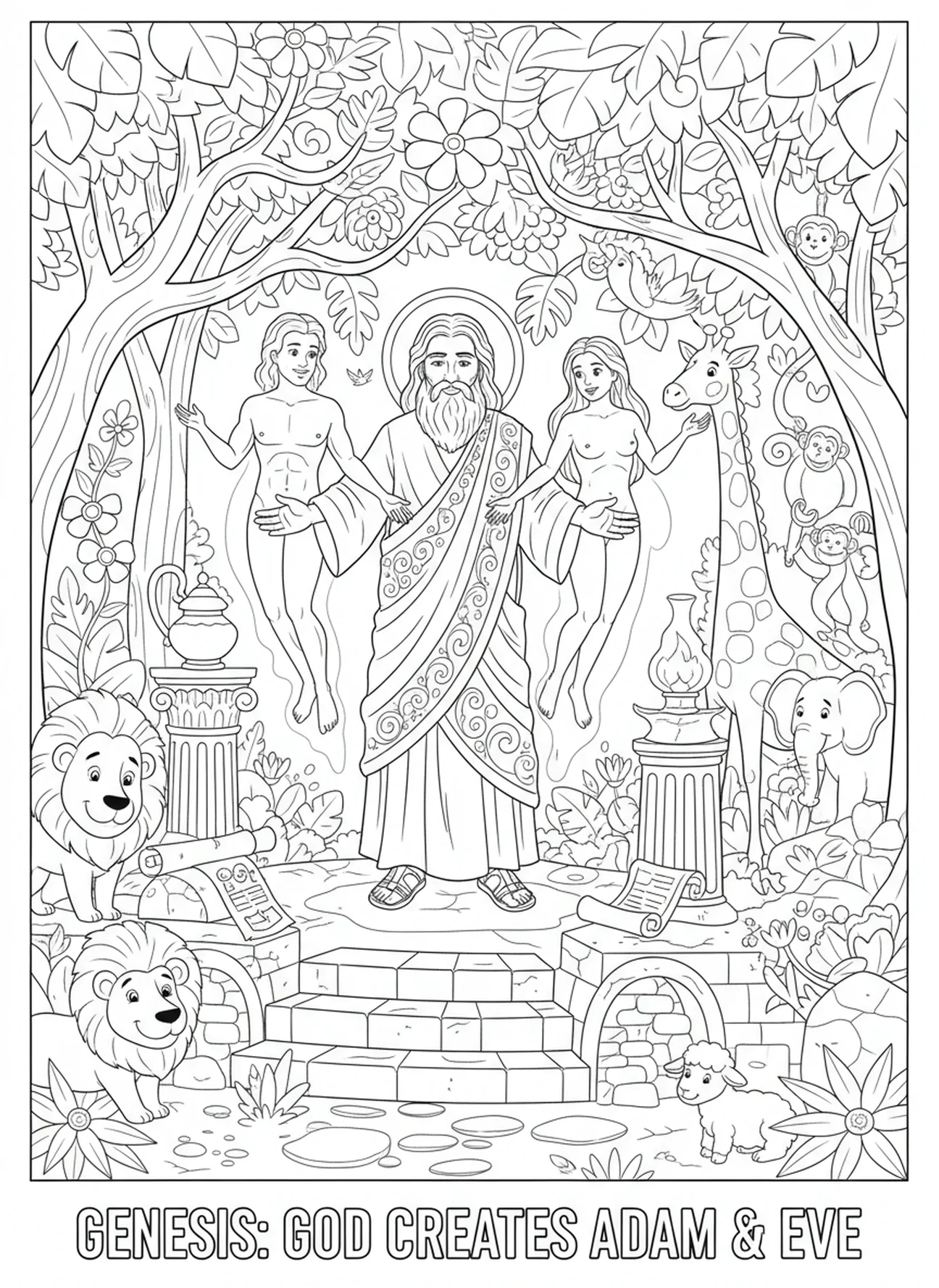 Dieu créant Adam et Ève, page à colorier sur les Jours de la Création pour les enfants de l'École du dimanche âgés de 5 à 12 ans