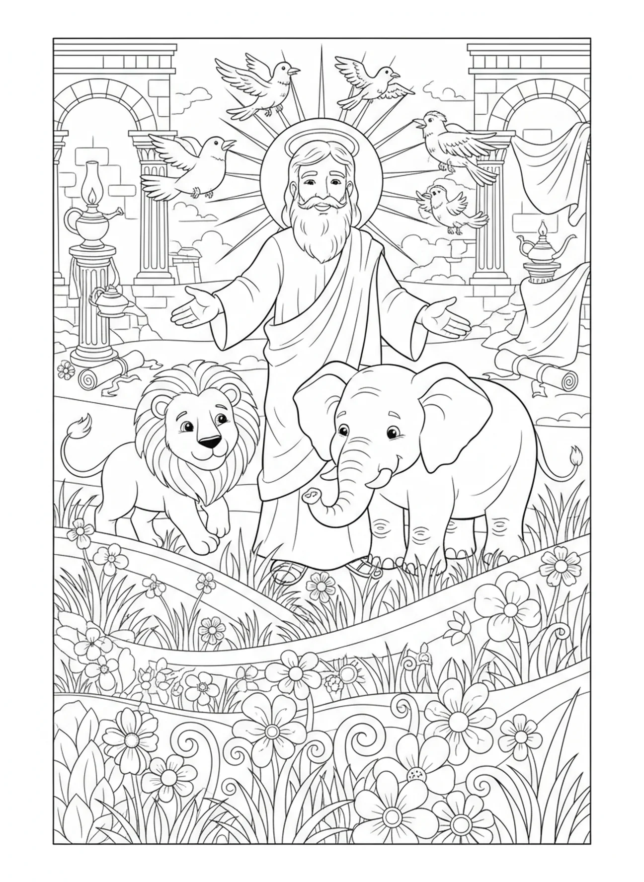 Dieu créant des animaux, page à colorier sur les Jours de la Création pour les enfants de l'École du dimanche âgés de 5 à 12 ans