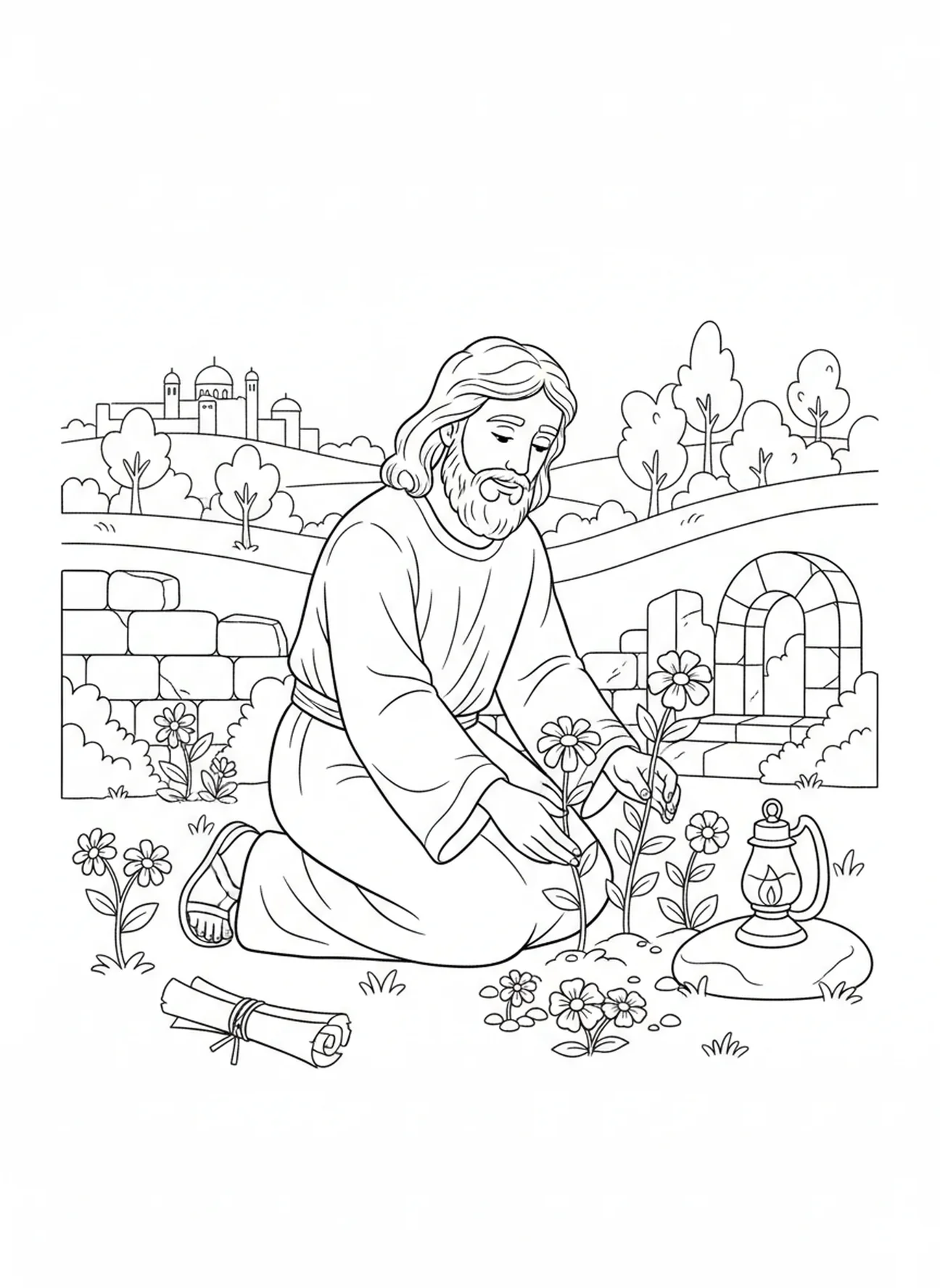 Dieu créant la terre et les plantes, page à colorier sur les Jours de la Création pour les enfants de l'École du dimanche âgés de 5 à 12 ans