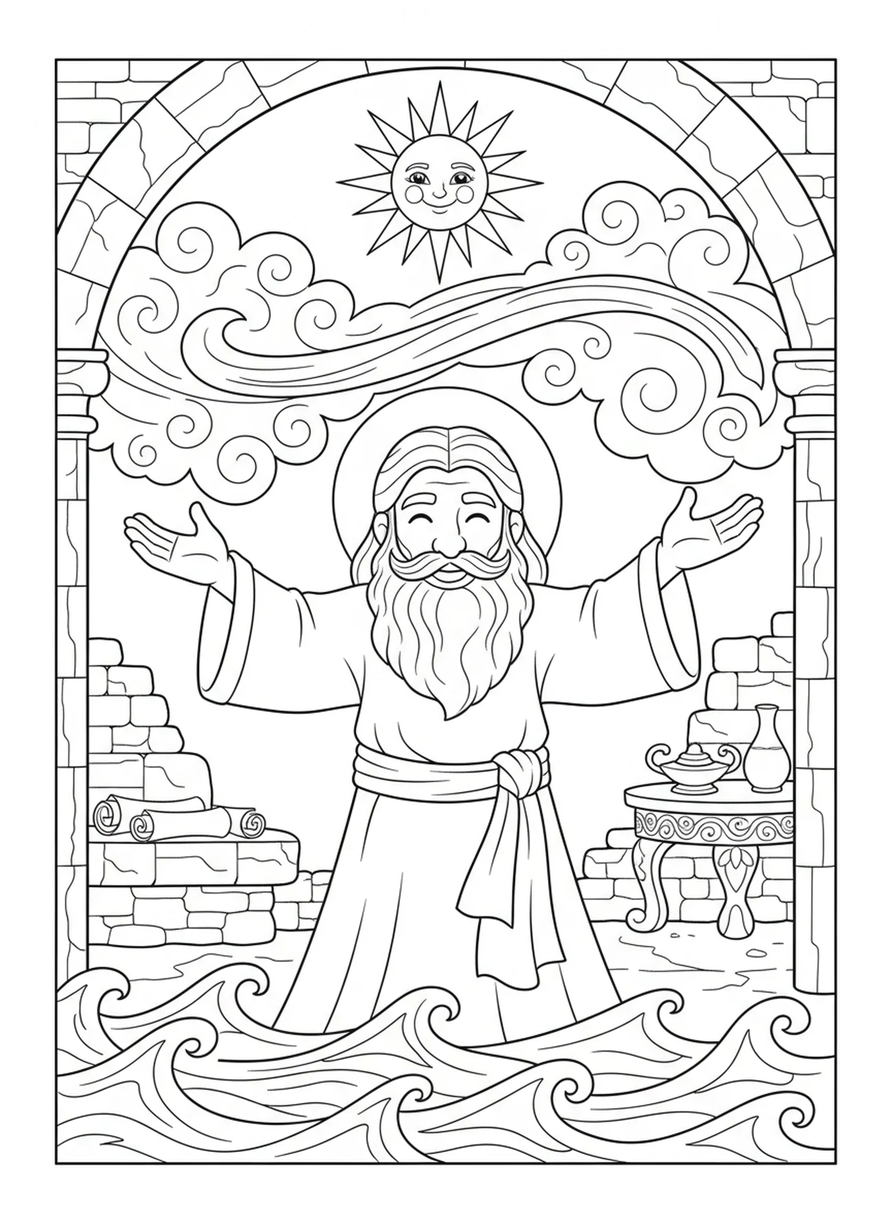 Dieu créant le ciel et la mer, page à colorier sur les Jours de la Création pour les enfants de l'École du dimanche âgés de 5 à 12 ans